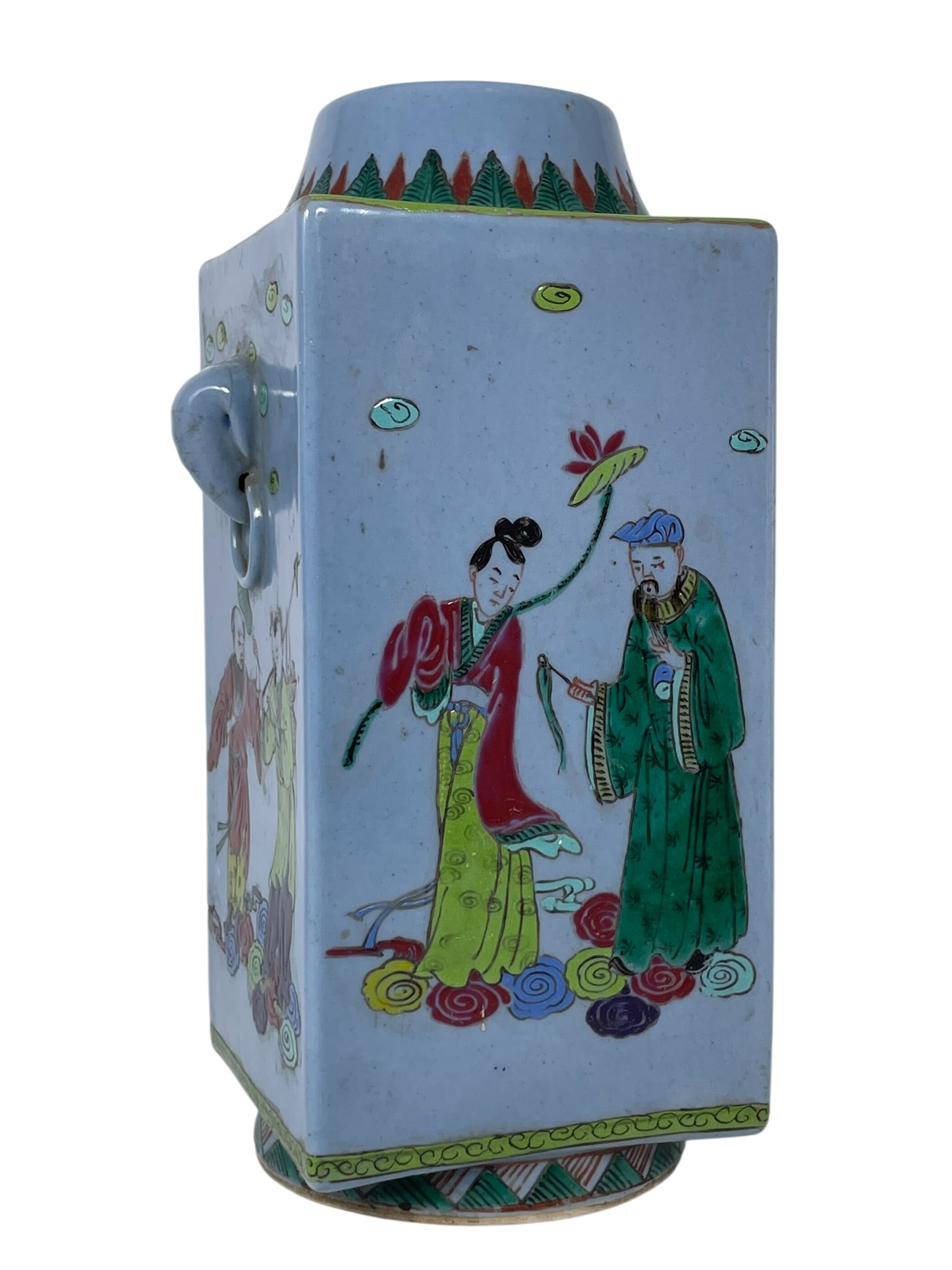 A Chinese Famille Rose Sky-Blue-Ground 'Eight Immortals' Cong-Form Porcelain Vase: 13.1/2 in. high, 7.1/4 in. wide.