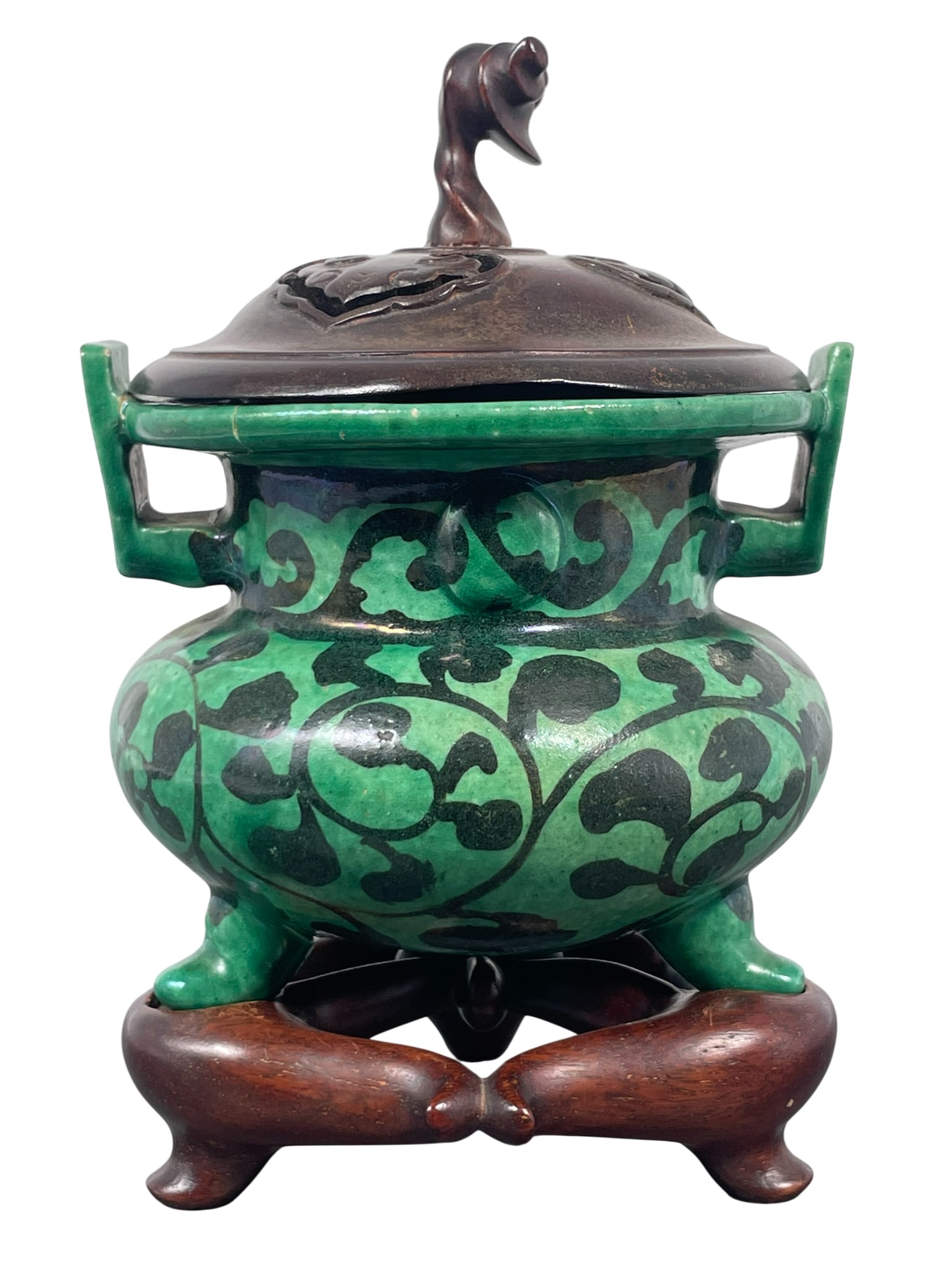 A Chinese Grisaille-Decorated Green-Glazed Censer and Wood Cover (1 of 16)