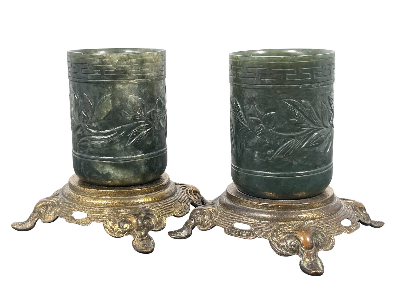 A Pair of Chinese Carved Spinach-Green Jade Cups (1 of 13)
