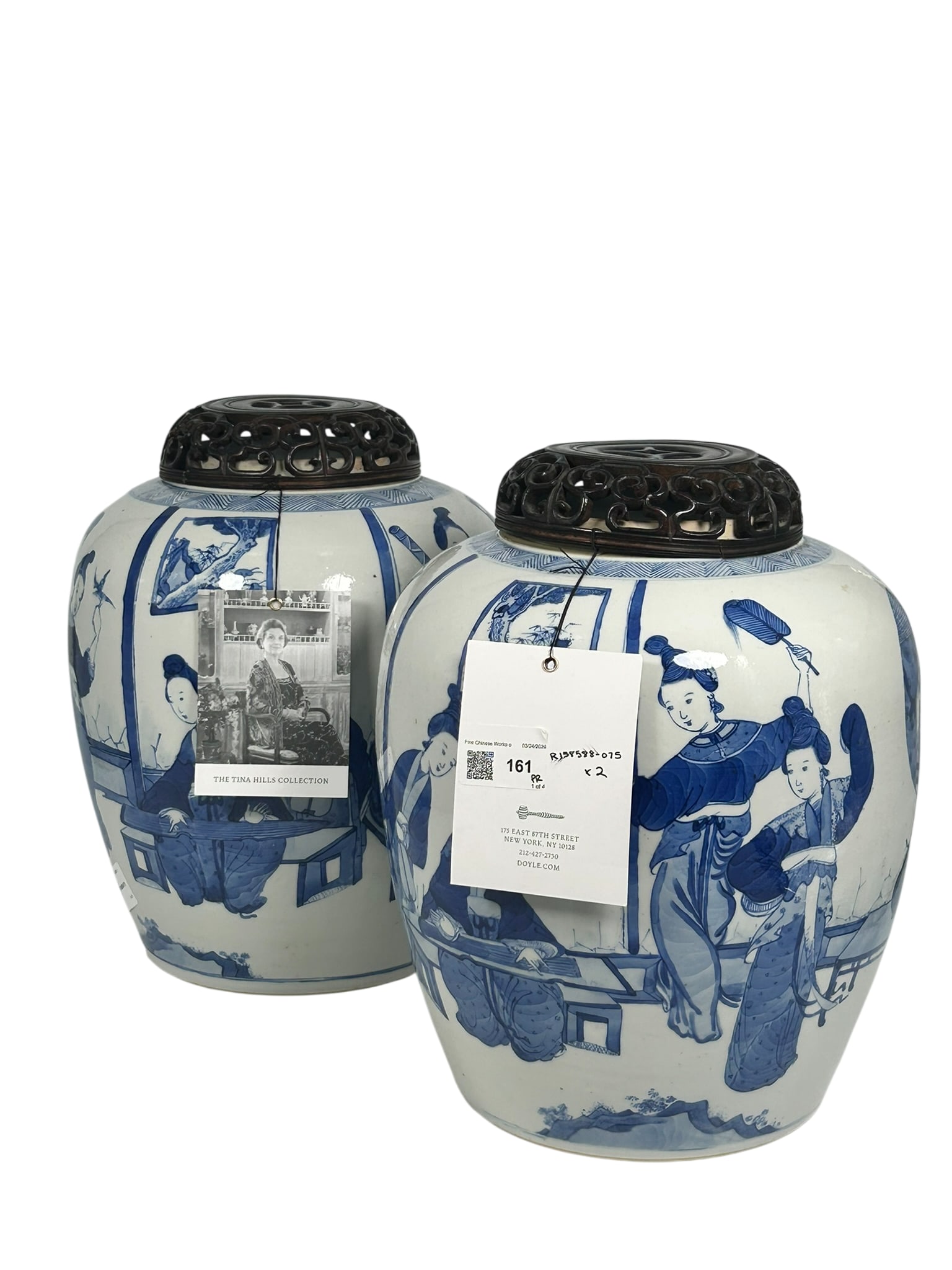Doyle Provenance: A Pair of Chinese Blue and White Porcelain Jars and Reticulated Wood Covers, Qing (1 of 20)