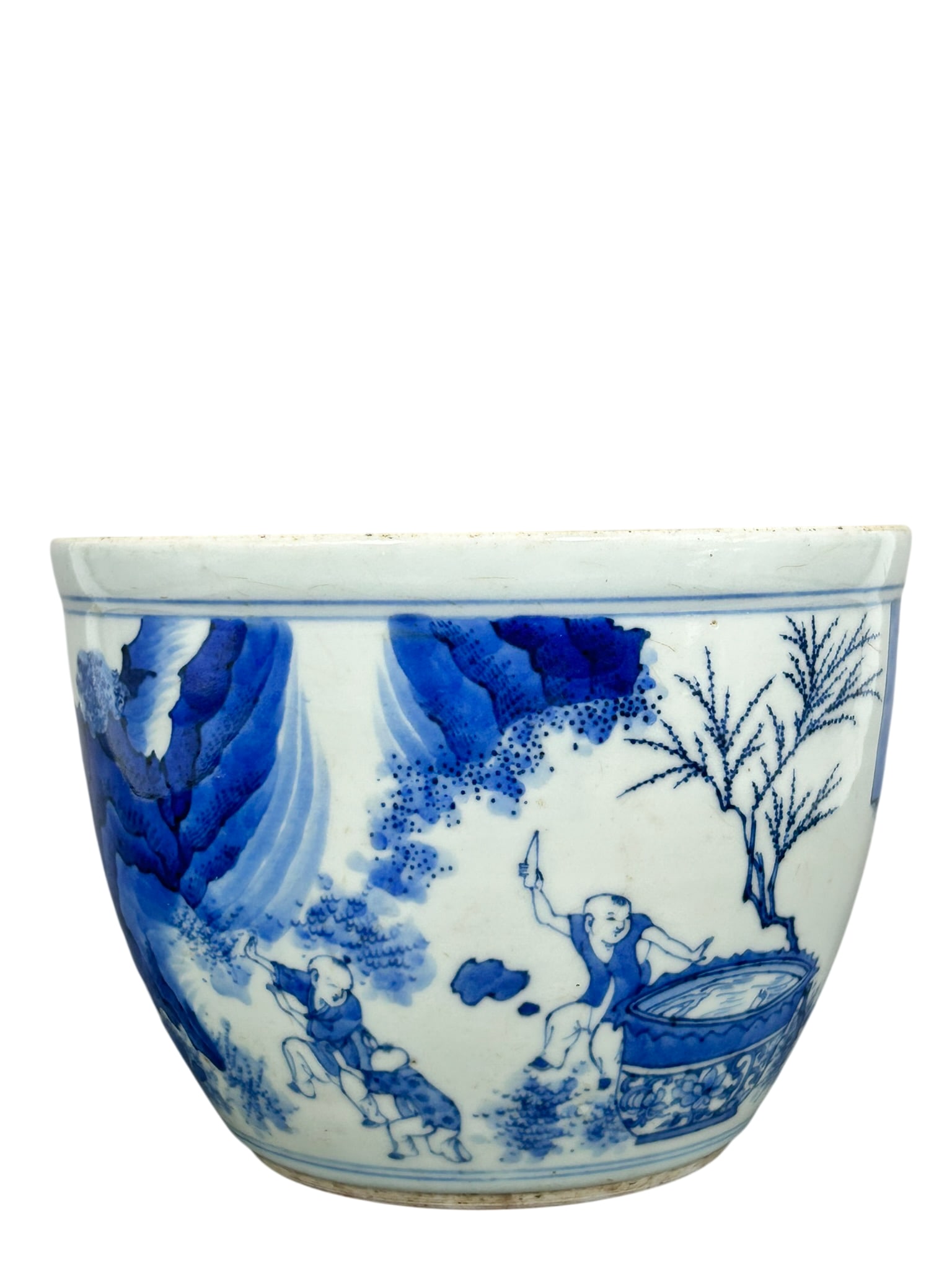 A Chinese Small Blue and White 'Ladies and Boys' Porcelain Jardiniere, Kangxi Period, Qing Dynasty (1 of 11)