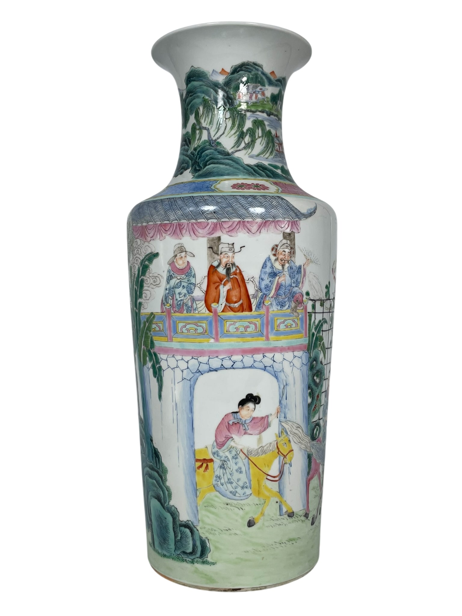 A Chinese Famille Rose 'Female Horse Riders' Porcelain Vase, Qing Dynasty: 18 in. high, 7.1/2 in. wide.
