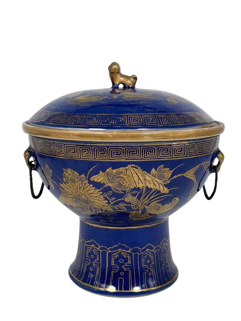 A Chinese Powder-Blue-Glazed and Gilt-Decorated Porcelain Stem Bowl and Cover (1 of 19)