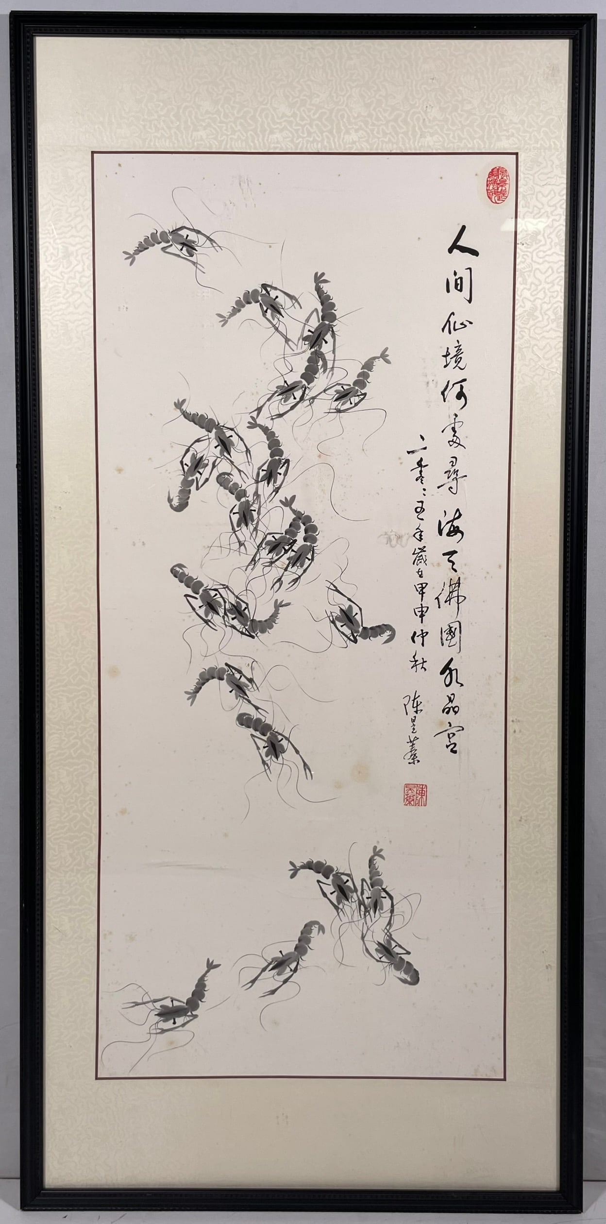 A Chinese Painting of Shrimp, Chen Yuqin: Ink on paper, signed by the artist with two seals. 51.3/4 in. x 24.1/2 in. overall including the frame.