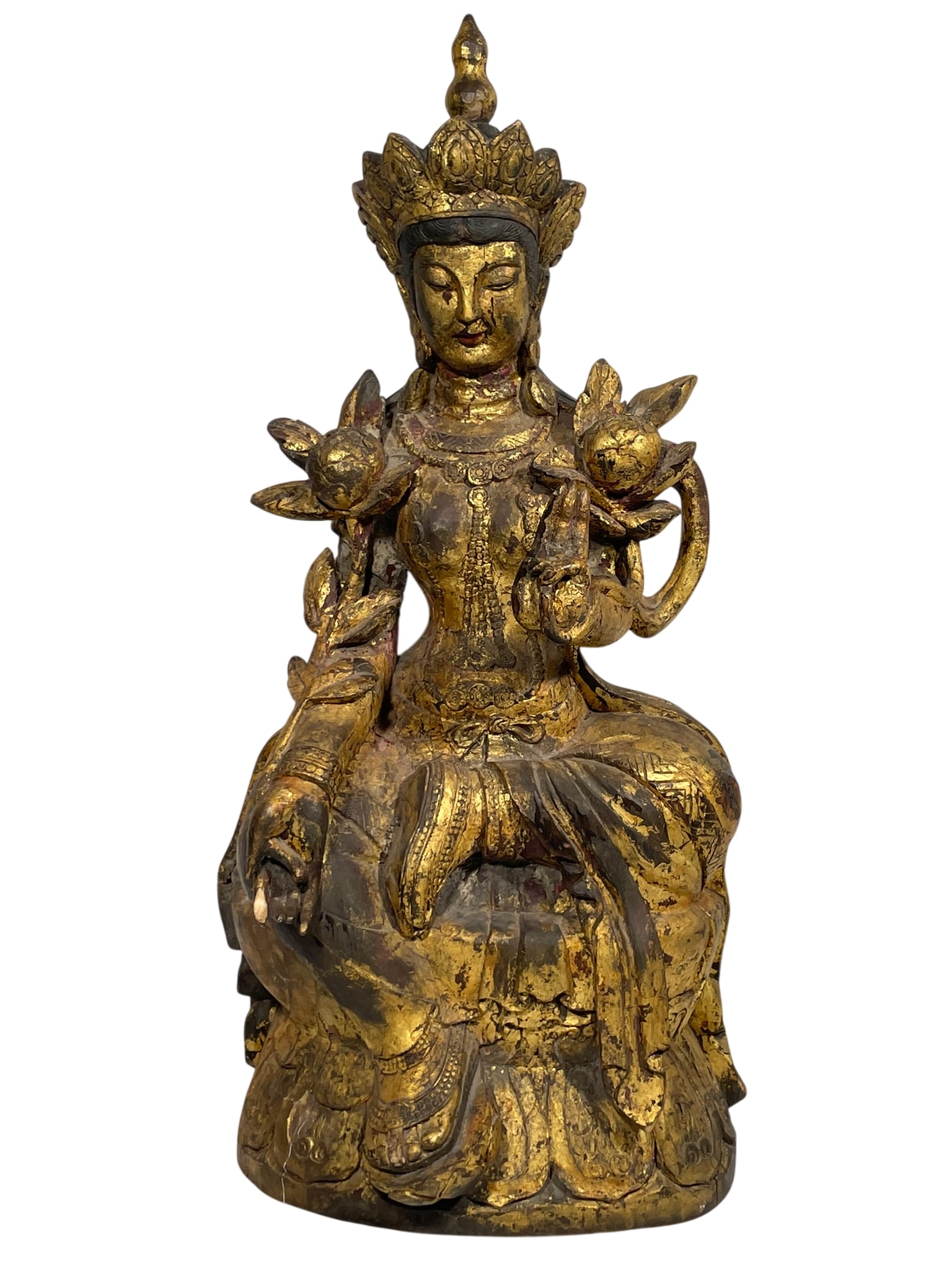A Chinese Carved Gilt-Wood Figure of Guanyin: 35 in. high, 16 in. wide.