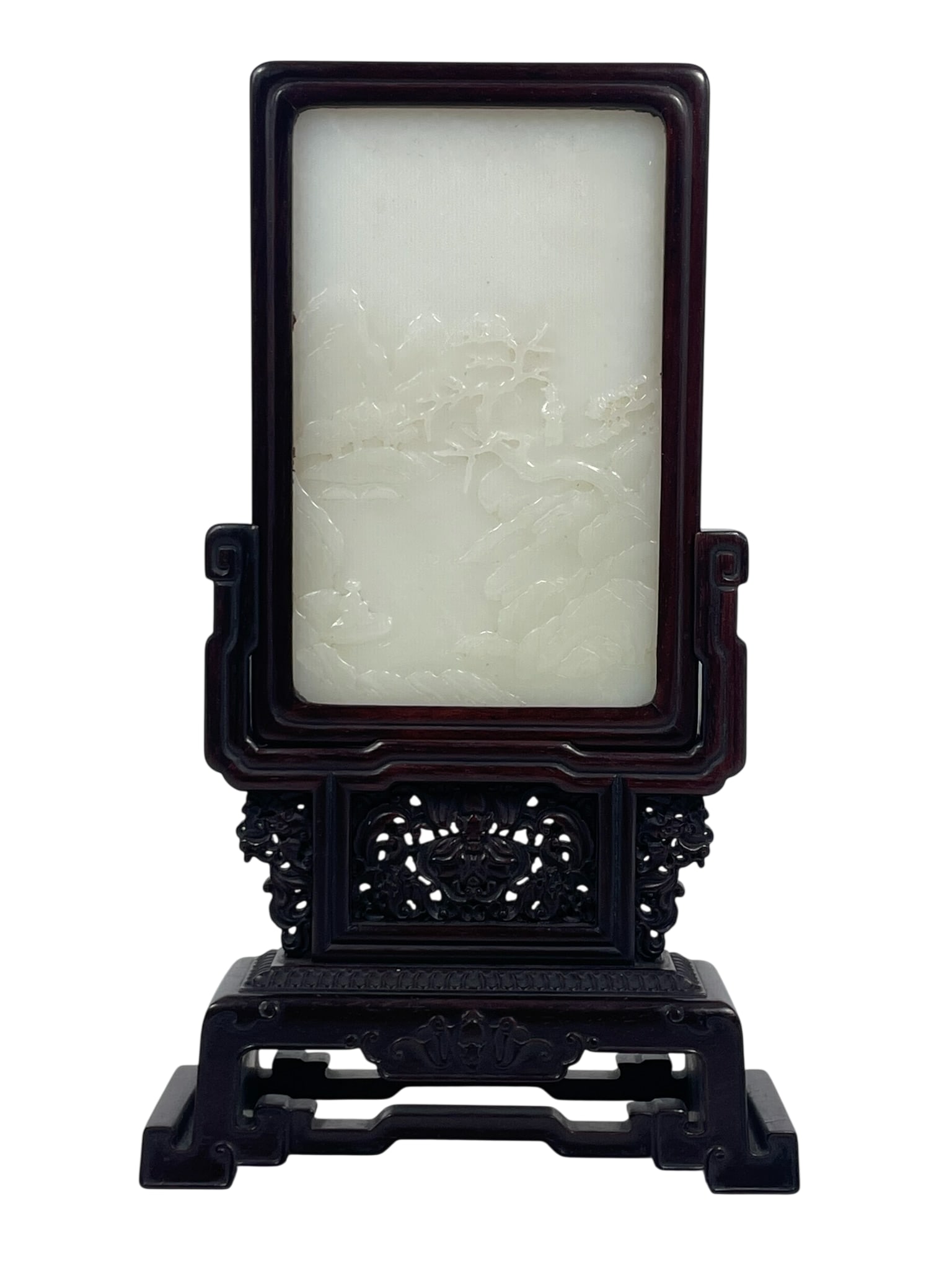 A Chinese Carved White Jade Table Screen and Zitan Stand (1 of 19)