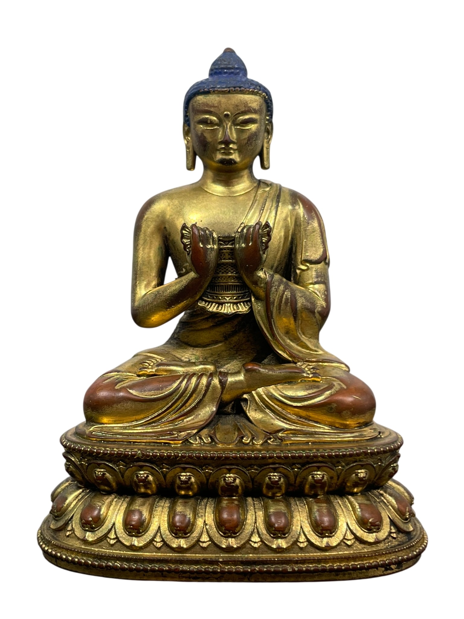 Donald Ratcliffe Collection Sticker: A Gilt Bronze Figure of Seated Buddha: 4 in. high, 3 in. wide. Provenance: Donald Ratcliffe Collection (Sticker)