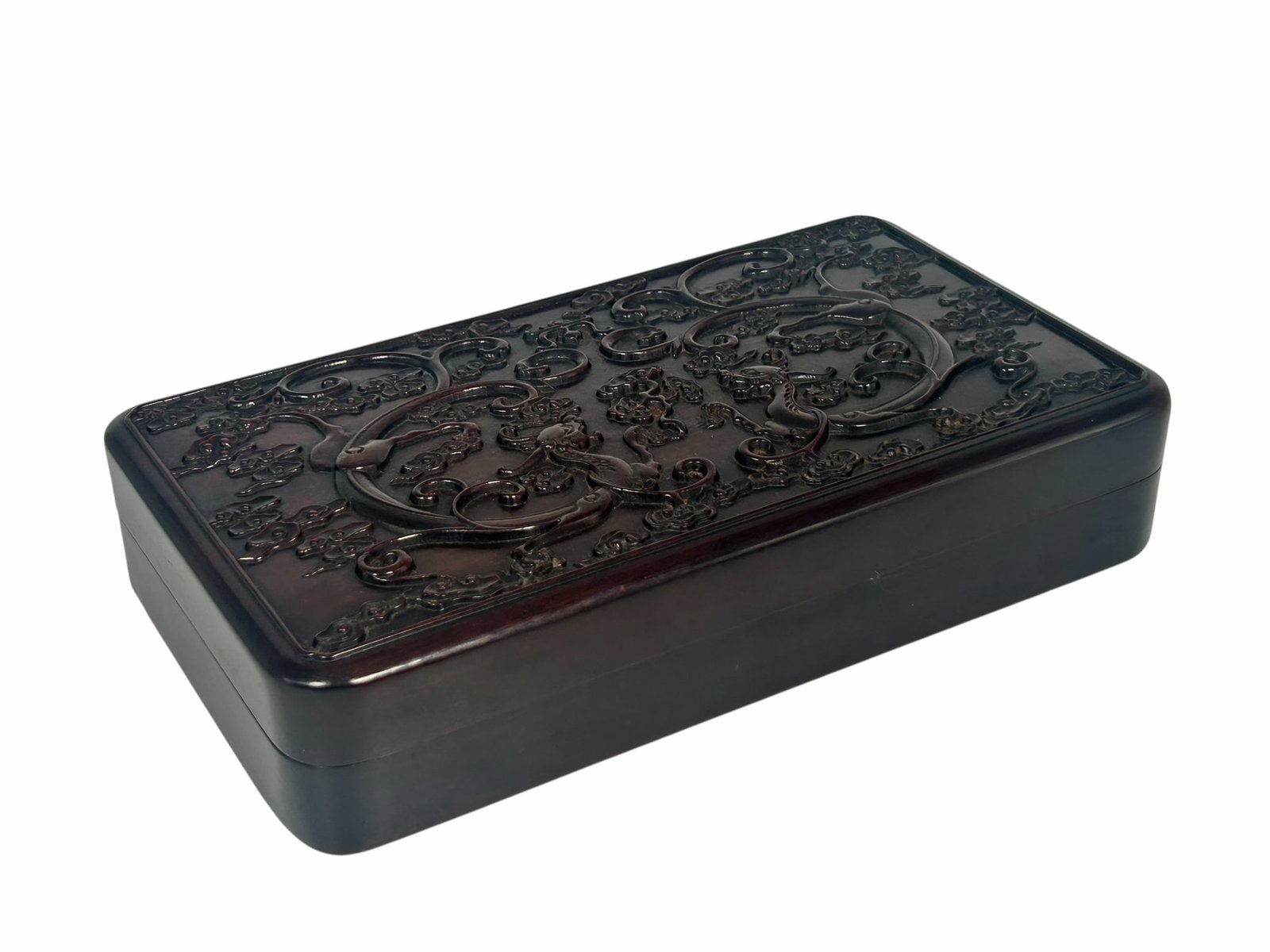 A Chinese Carved Hongmu High Relief Rectangular Box and Cover (1 of 12)