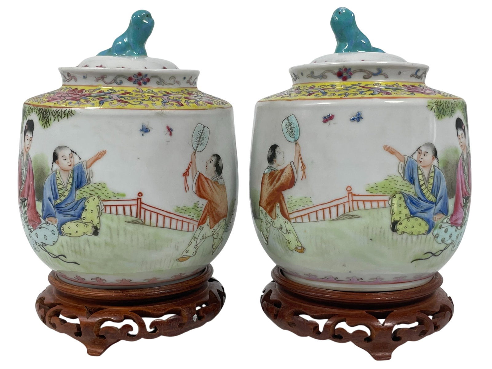 A Pair of Chinese Famille Rose 'Lady and Boy' Jars and Covers, Late Qing Dynasty (1 of 17)
