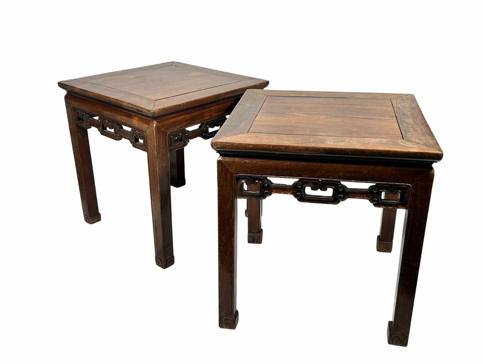 A Pair of Chinese Carved Hongmu Square Low Tables: 19.3/4 in. high, 19 in. square each.