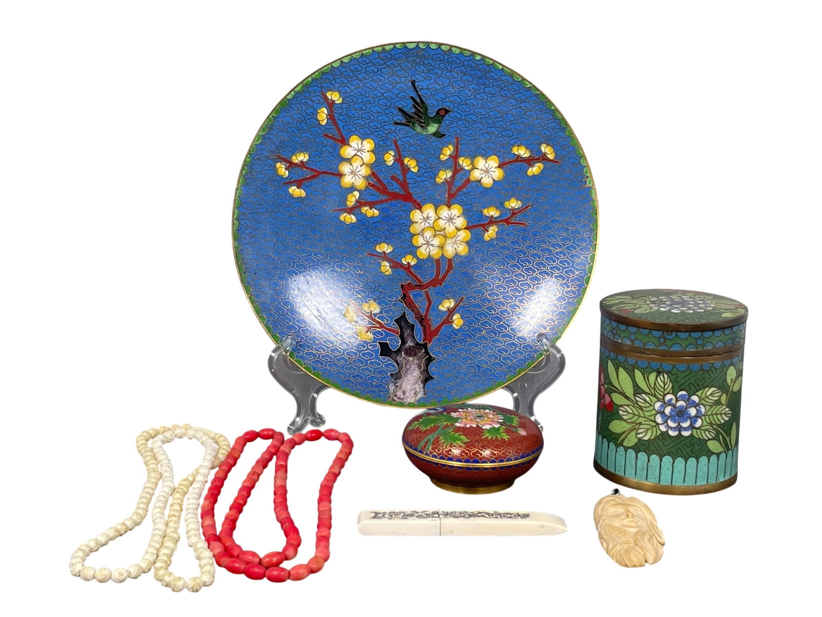 A Group of Seven Cloisonne Enamel/Coral/Bone Objects: Comprising a cloisonne enamel dish, 7 in. diam.; a cloisonne enamel circular tea caddy and cover, 3.1/8 in. high, 2.5/8 in. diam.; a small cloisonne enamel circular box and cover, 1.1/4 in. high, 2.1/