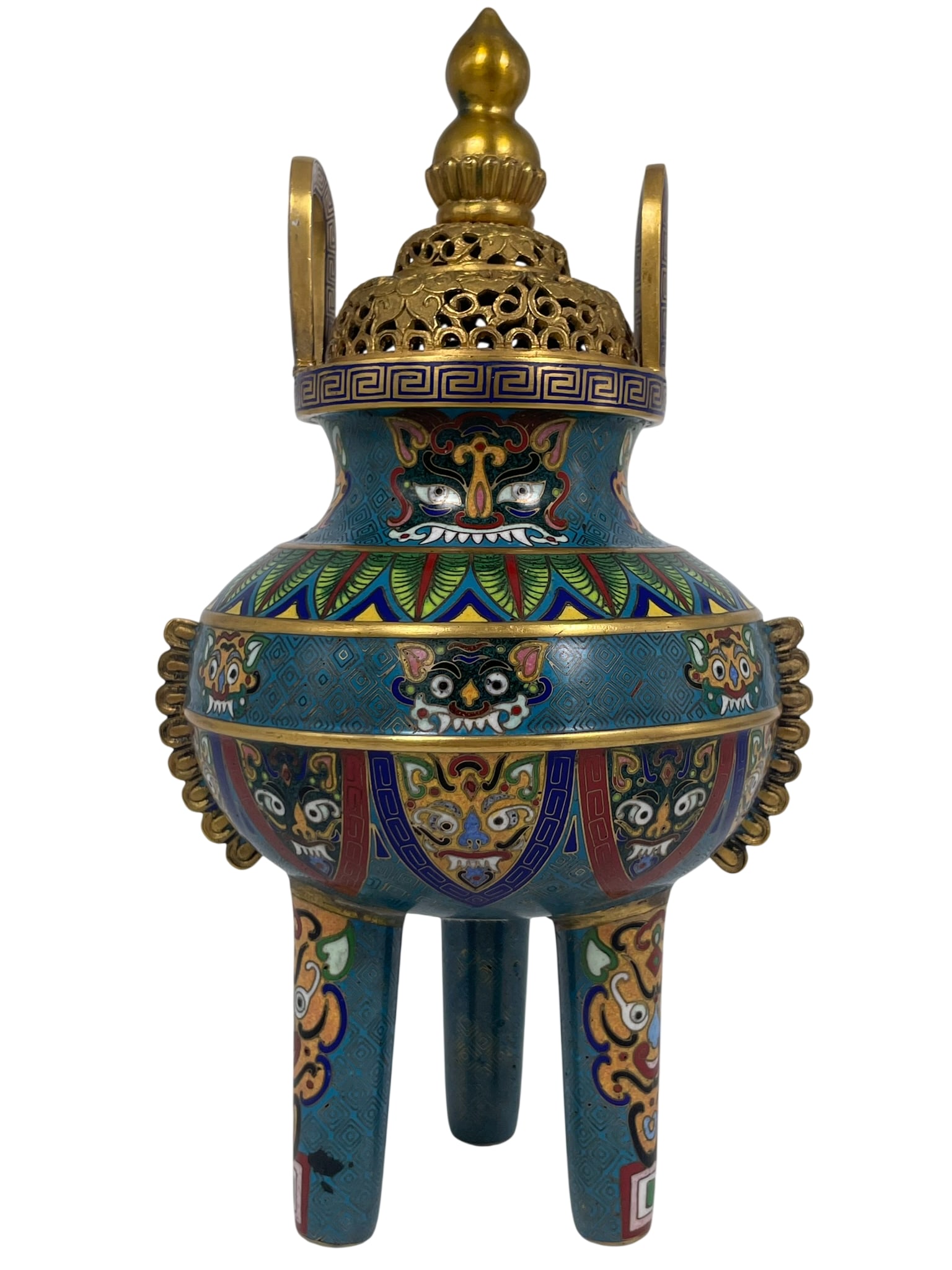 A Chinese Cloisonne Enamel Censer and Cover: 10.1/2 in. high, 5.1/2 in. wide.