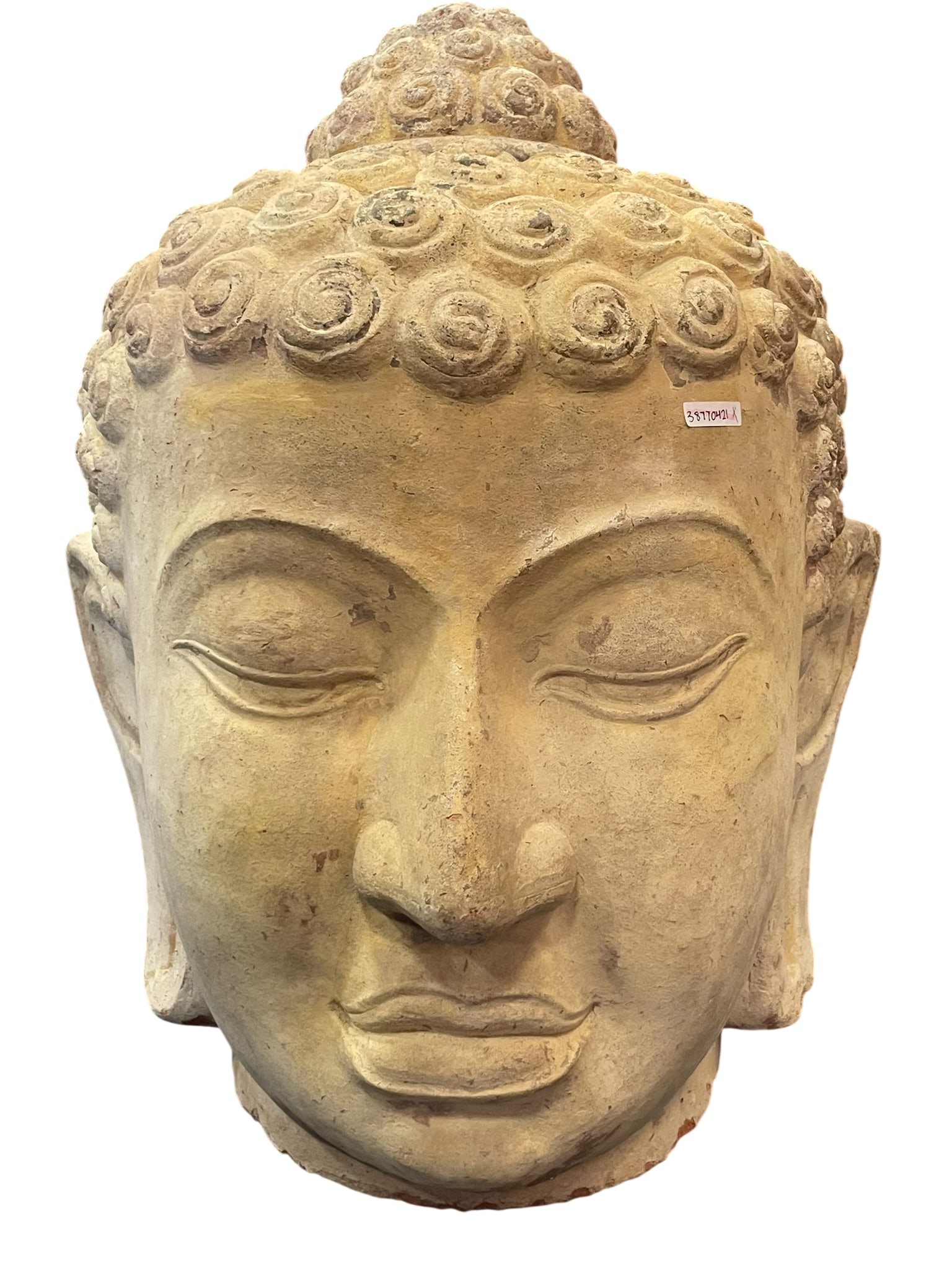 A Large Terracotta Buddha Head, Jar and Cover: Probably was used as a jar. 24 in. high, 24 in. wide.