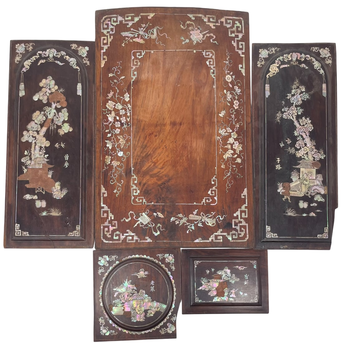 A Group of Five Chinese Mother-of-Pearl Inset Wood Plaques: The largest measures 20.1/4 in. x 13 in.