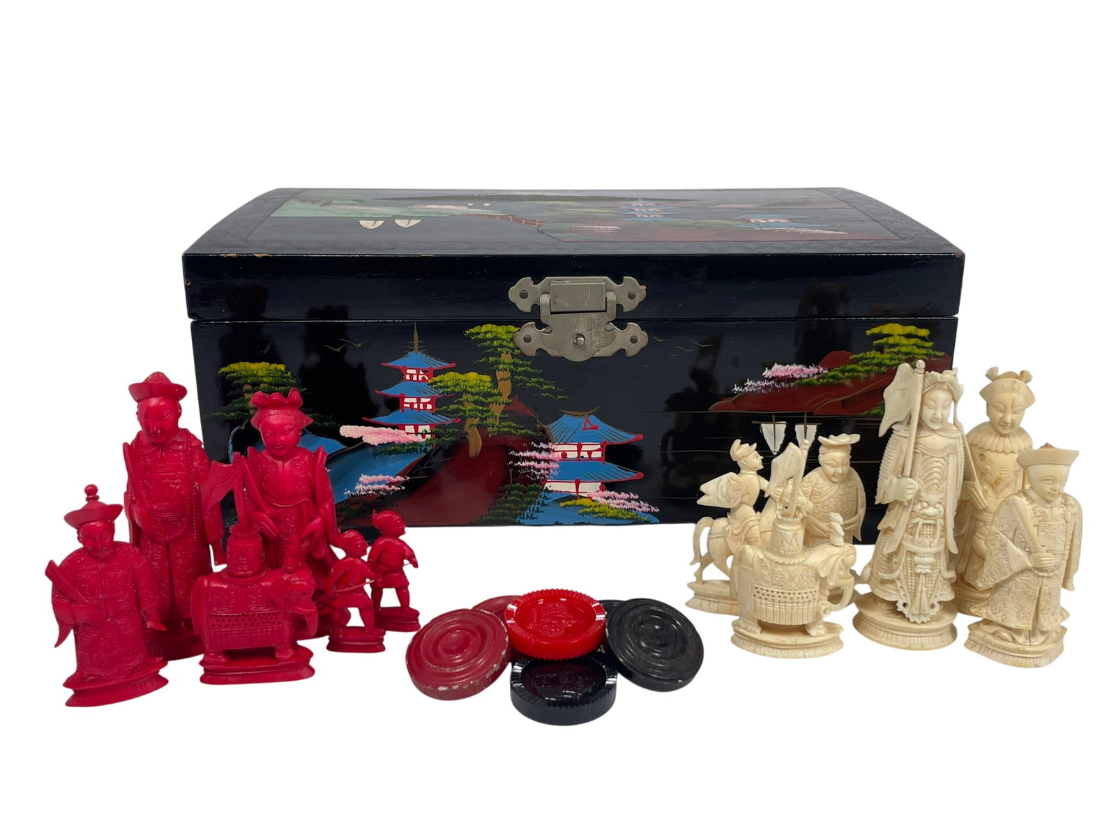 A Japanese Chess with Box: 4.1/2 in. high, 10.1/2 in. wide, 6 in. deep for the box.