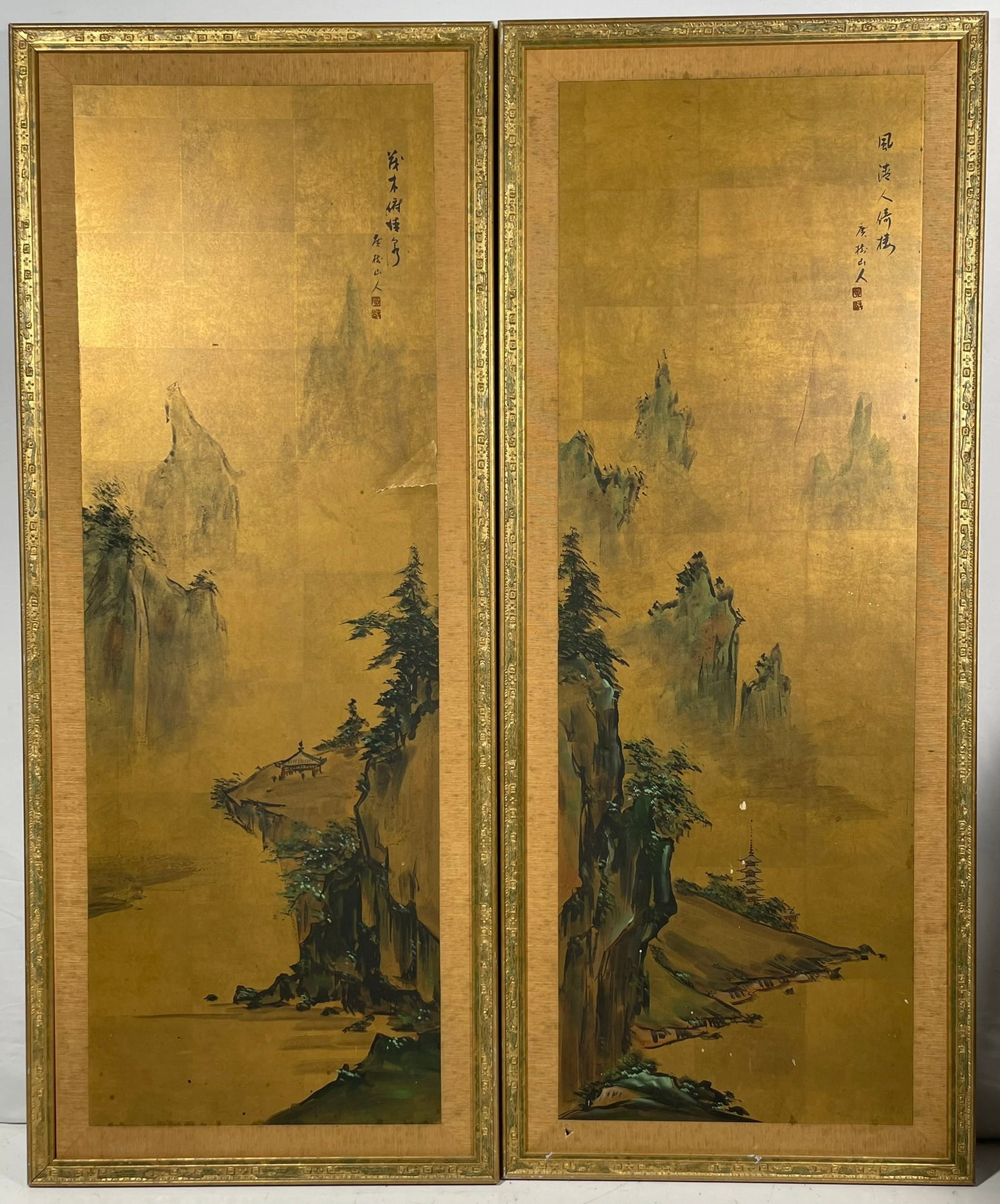 A Pair of Japanese Paintings of Landscape: Signed by the artist with two seal each. 51 in. x 21 in. each overall including the frame.