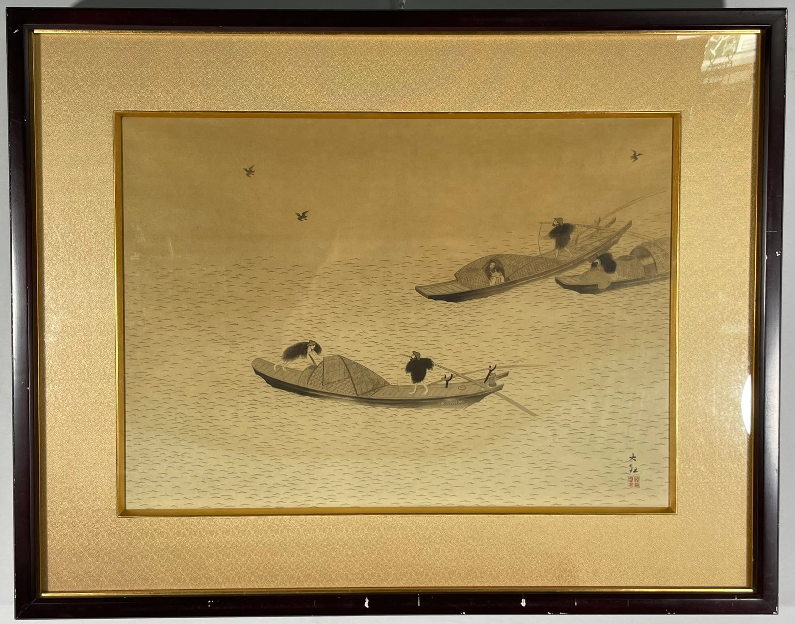 A Japanese Reproduction Print of Fishing Boats: A reproduction based on the work originally created by Yokoyama Taikan. 28.3/4 in. x 23 in. overall including the frame.