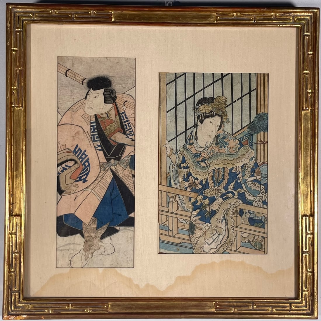 Two Japanese Woodblock Prints: Both framed together; comprising a print of a lady, probably a work by Shunbaisai Hokuei; and a print of a samurai. 17 in. square overall including the frame.