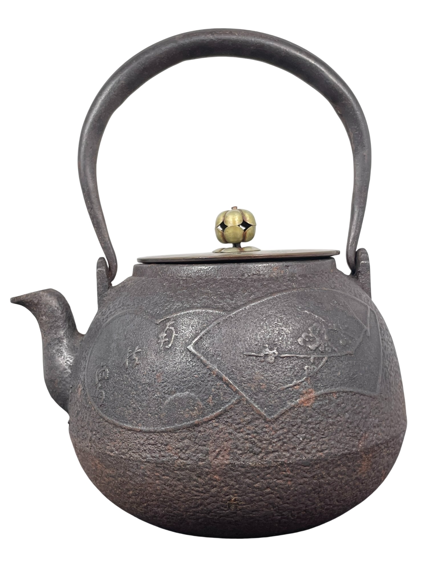 A Japanese Cast Iron Teapot, Ryumondo Mark: 8.1/2 in. high, 7 in. wide.