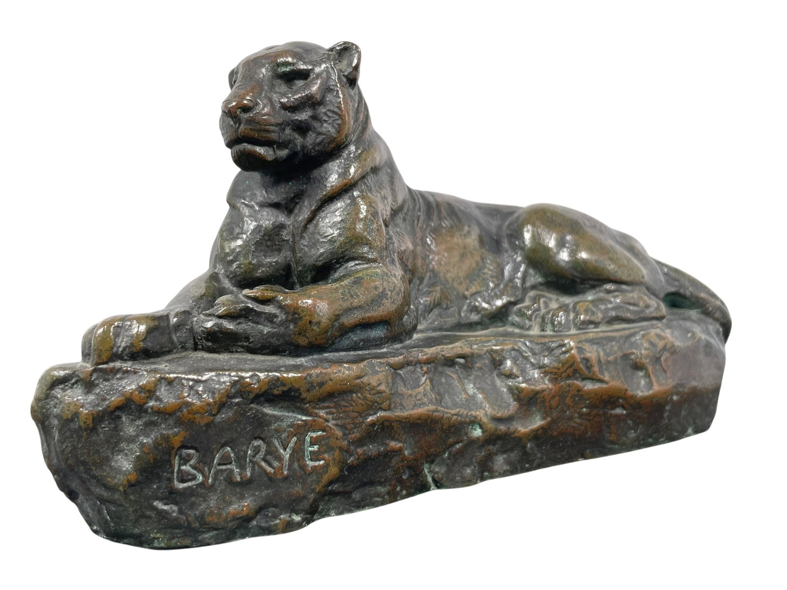 A Cast Bronze Sculpture 'Panther', after Antoine-Louis Barye: With a mark 'Barye' on the front base and a mark 'Barbedienne Foundry' on the back base. 4 in. high, 8 in. wide.