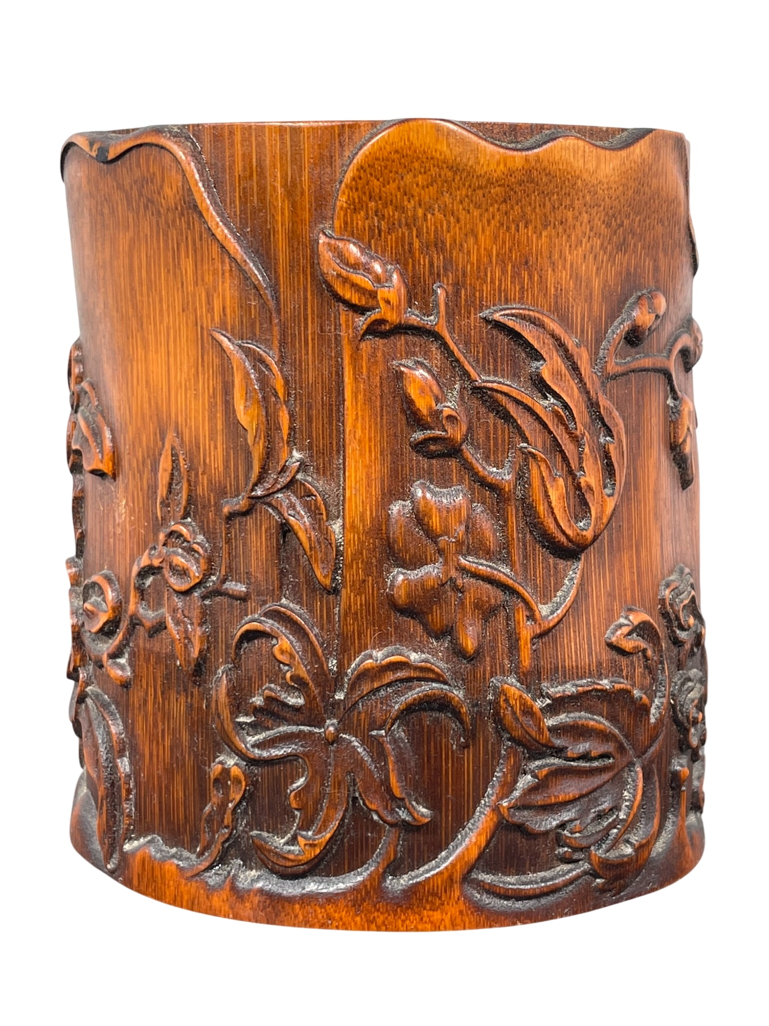 A Carved Wood Brush Pot: 6 in. high, 5.1/4 in. wide.