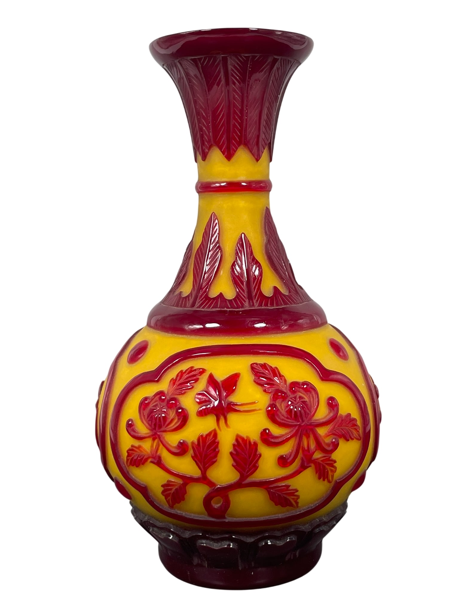 A Red-Overlay Yellow Glass Vase: 9.5/8 in. high, 5.1/8 in. wide.