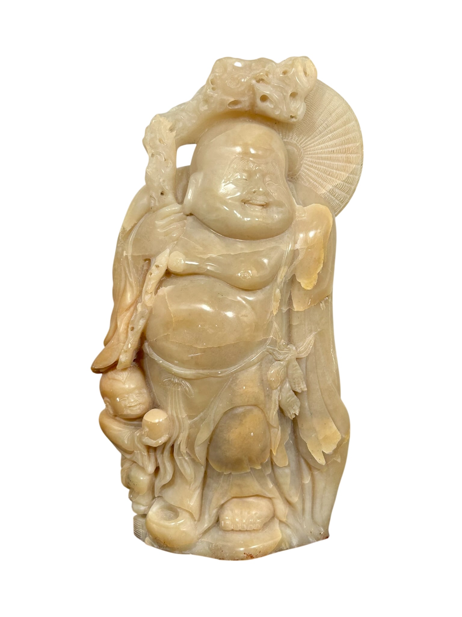 An Antique Alabaster Figural Group of Budai and Boy: 8.1/2 in. high, 4.3/4 in. wide.