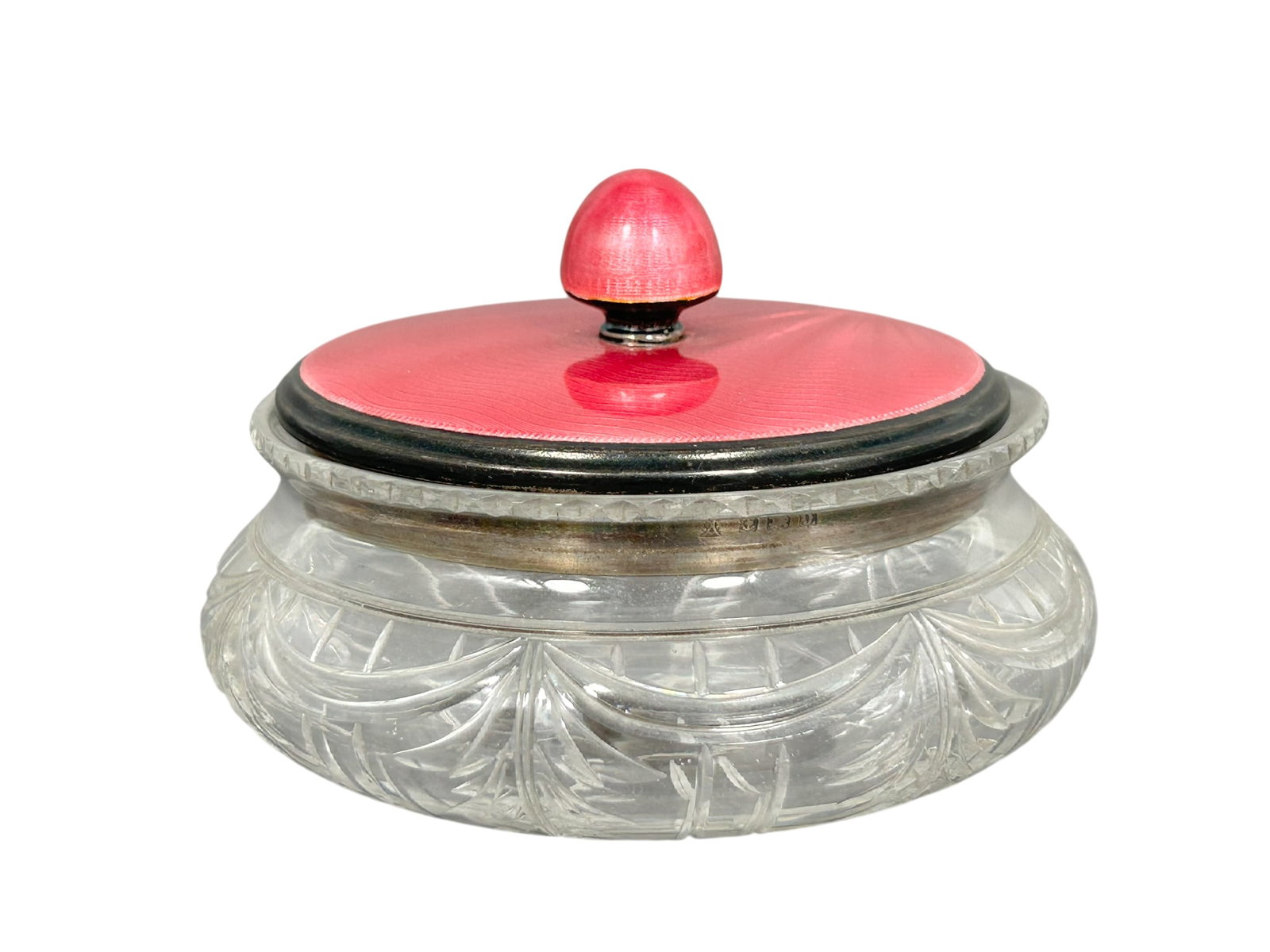 A Vintage English Art Deco Sterling Silver and Enamel Powder Pot, Adie Brothers Ltd, Birmingham 1933: The maker's mark on the rim of the cover; 2.3/4 in. high, 4.1/4 in. wide.