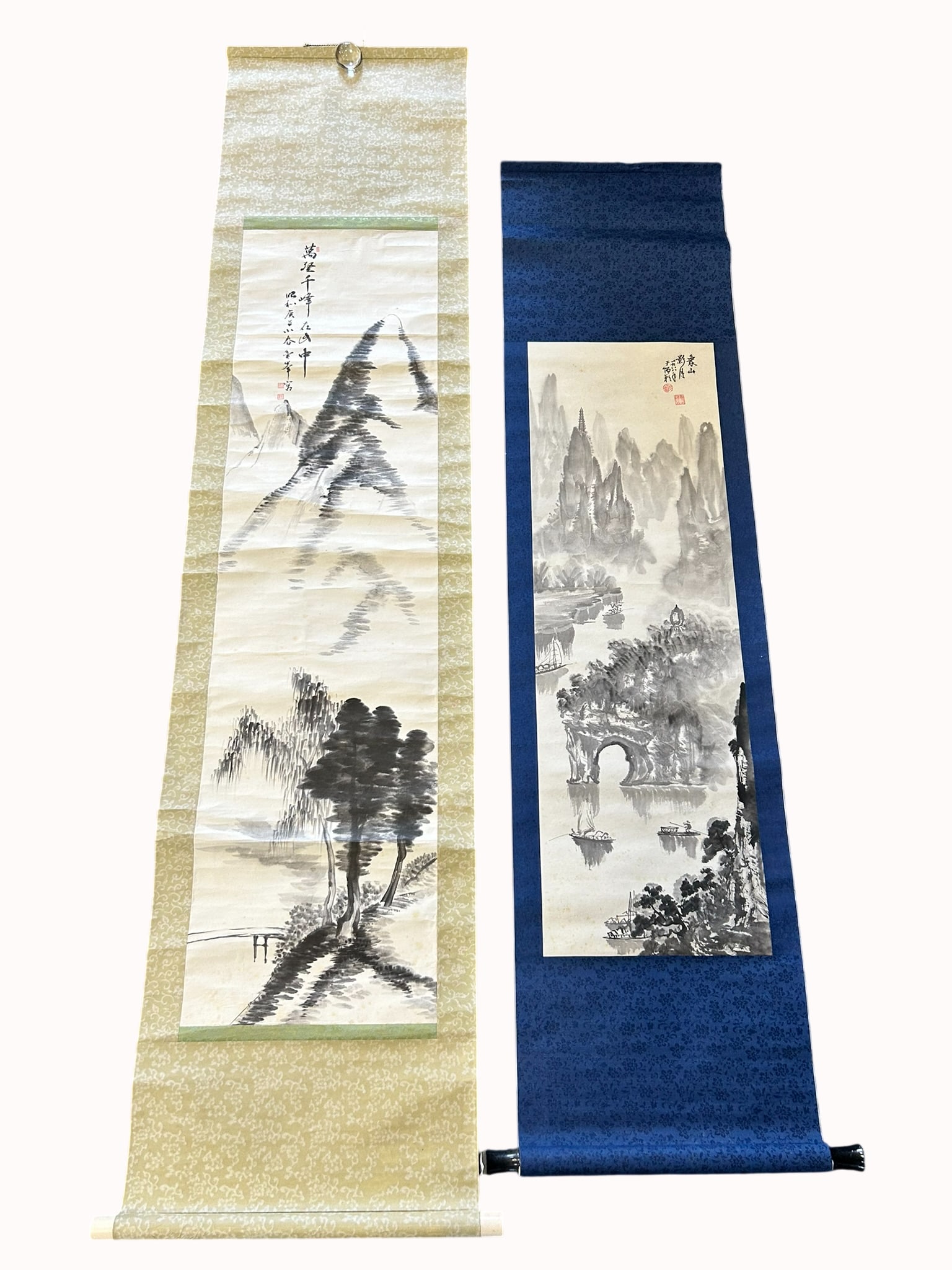 Two Asian Painting of Landscape: Both ink on paper. Comprising a Korean painting of landscape, a signature of the artist and two seals, 76.1/2 in. x 17.1/2 in. overall; and a Chinese painting of landscape of Xiangshan, Yangshuo, two 