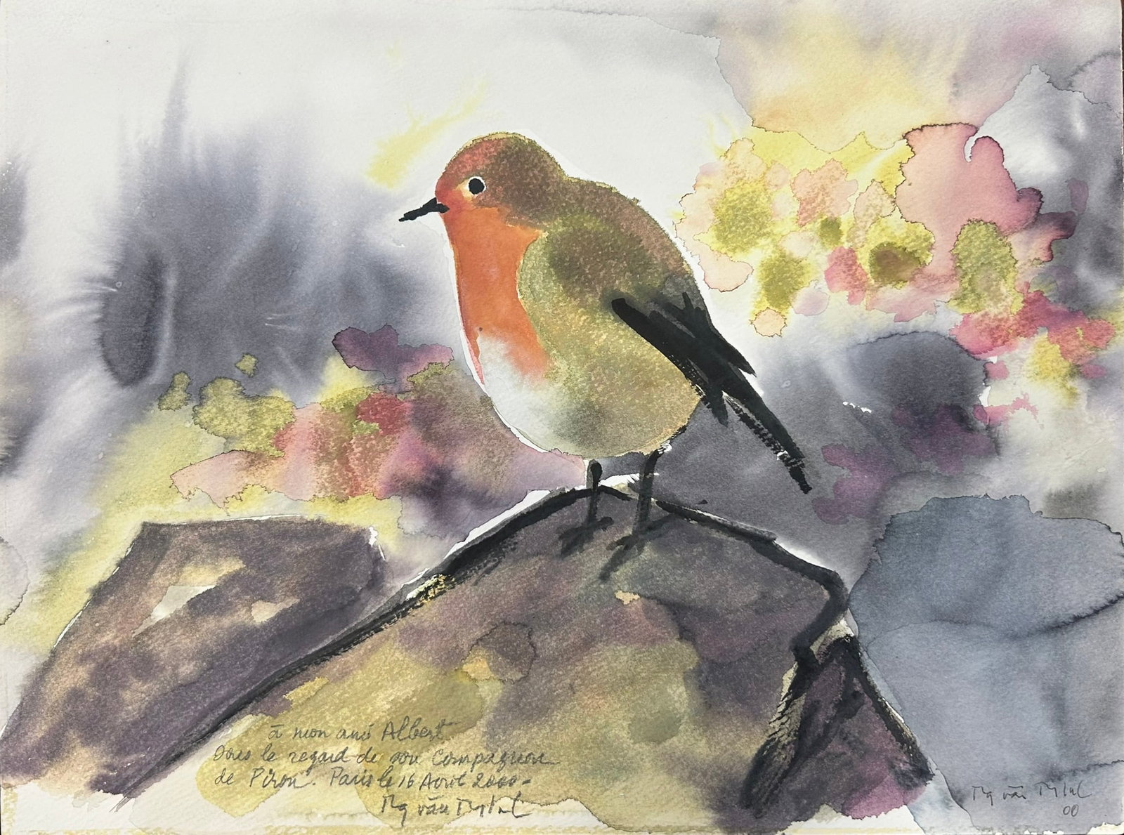 A Vietnamese Painting of a Bird, Nguyen Van Minh (1930 - 2014): Watercolor on paper, depicting a small bird perched on a rock. Inscribed by the artist 'To my friend Albert under the gaze of his companion of ???, Paris, April 16 2000', signed by the artist to the b