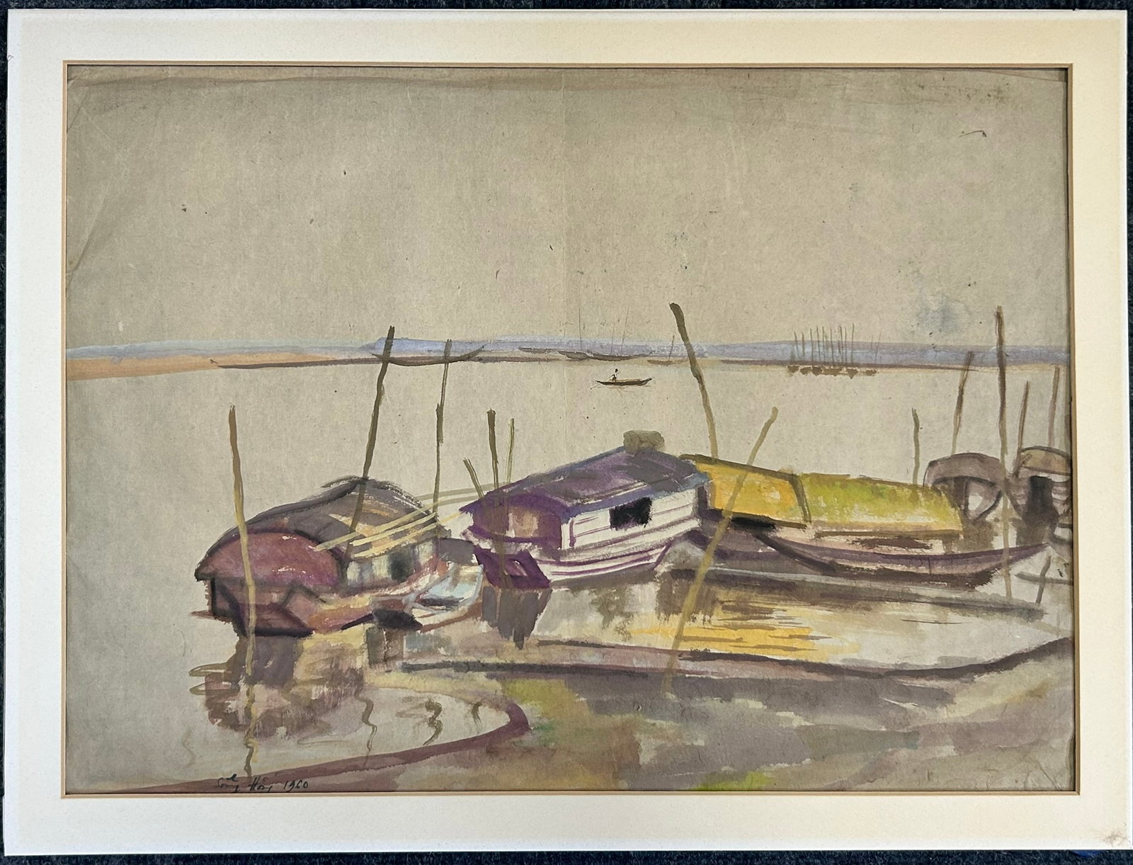 A Vietnamese Painting of the Hong River: Watercolor on paper, signed and dated by the artist to the bottom. 20 in. x 14.1/2 in. for the painting. A Private Collection of a Retiring University Professor.