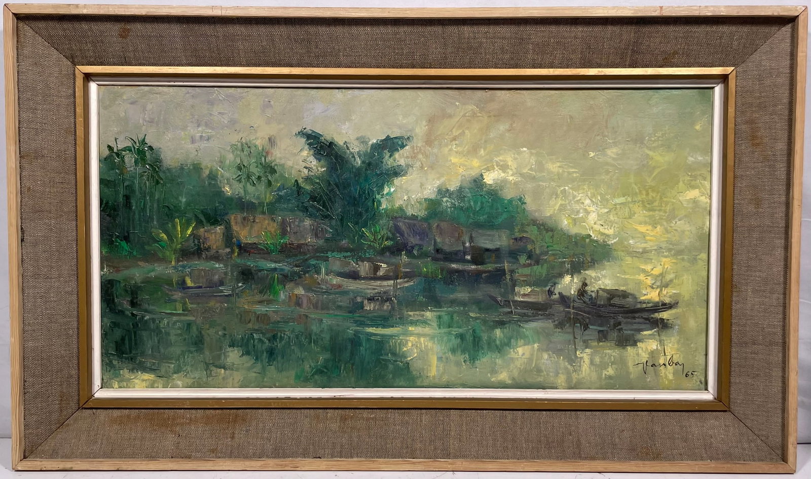 A Vietnamese Painting of A Mekong Delta Riverside Village, Nguyen Van Bay, 1965: Oil on canvas, Nguyen Van Bay is an artist born in 1938. 38.1/2 in. x 21 in. overall including the frame. A Private Collection of a Retiring University Professor.