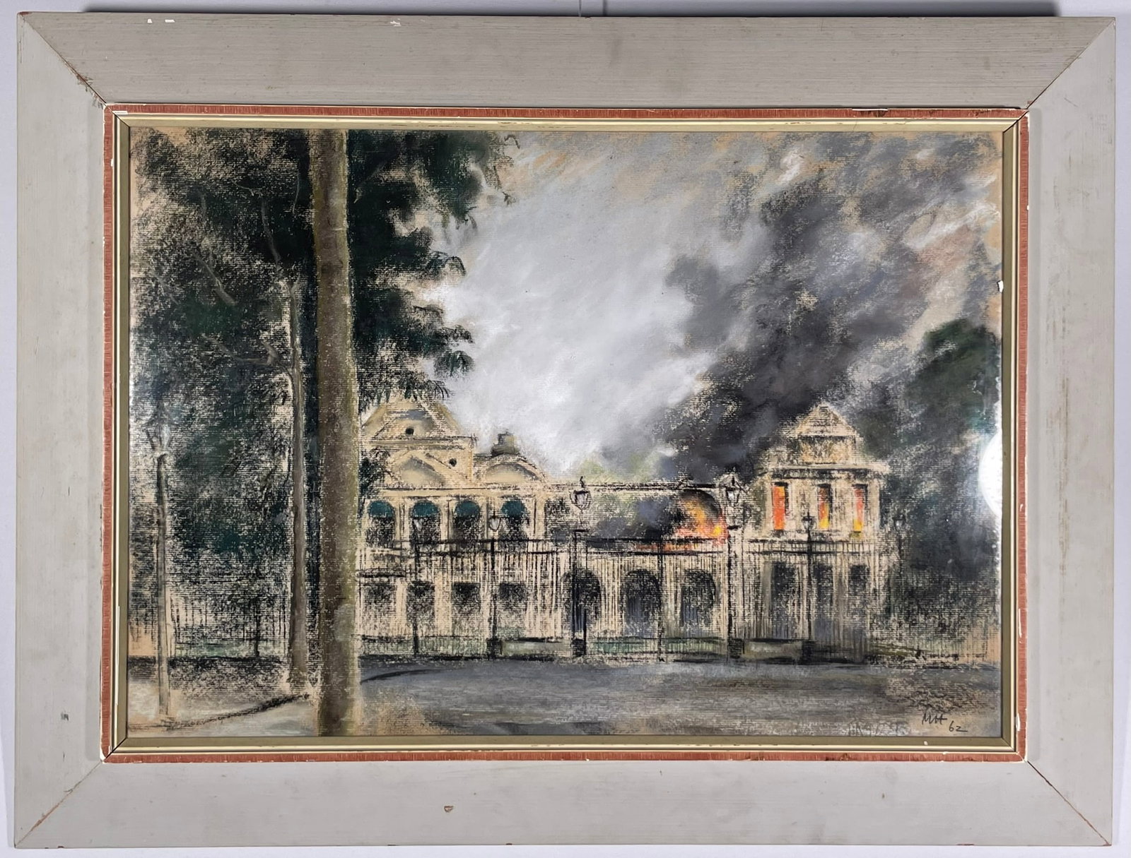 A Rare Vietnamese Painting of Independent Palace on Fire, a Signature MH, 1962: 32 in. x 24 in. overall. A Private Collection of a Retiring University Professor.