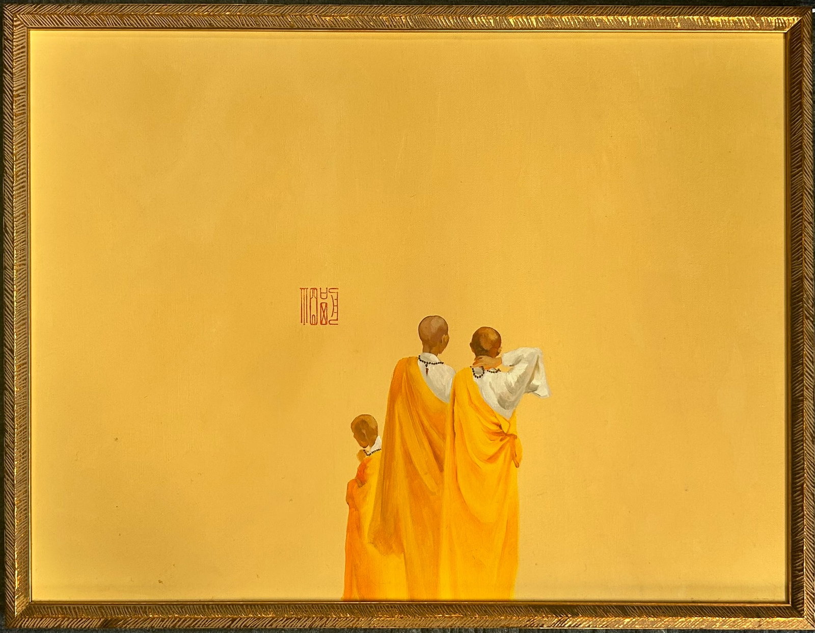 A Vietnamese Painting of Three Buddhist Monks, Nguyen Minh Phuoc Seal: Oil on canvas, a seal of the artist in the near center. Nguyen Minh Phuoc, born in 1973 in Son La, Vietnam, earned his Bachelor of Arts degree from the Hanoi Fine Art University in 1997. Dedicated to 
