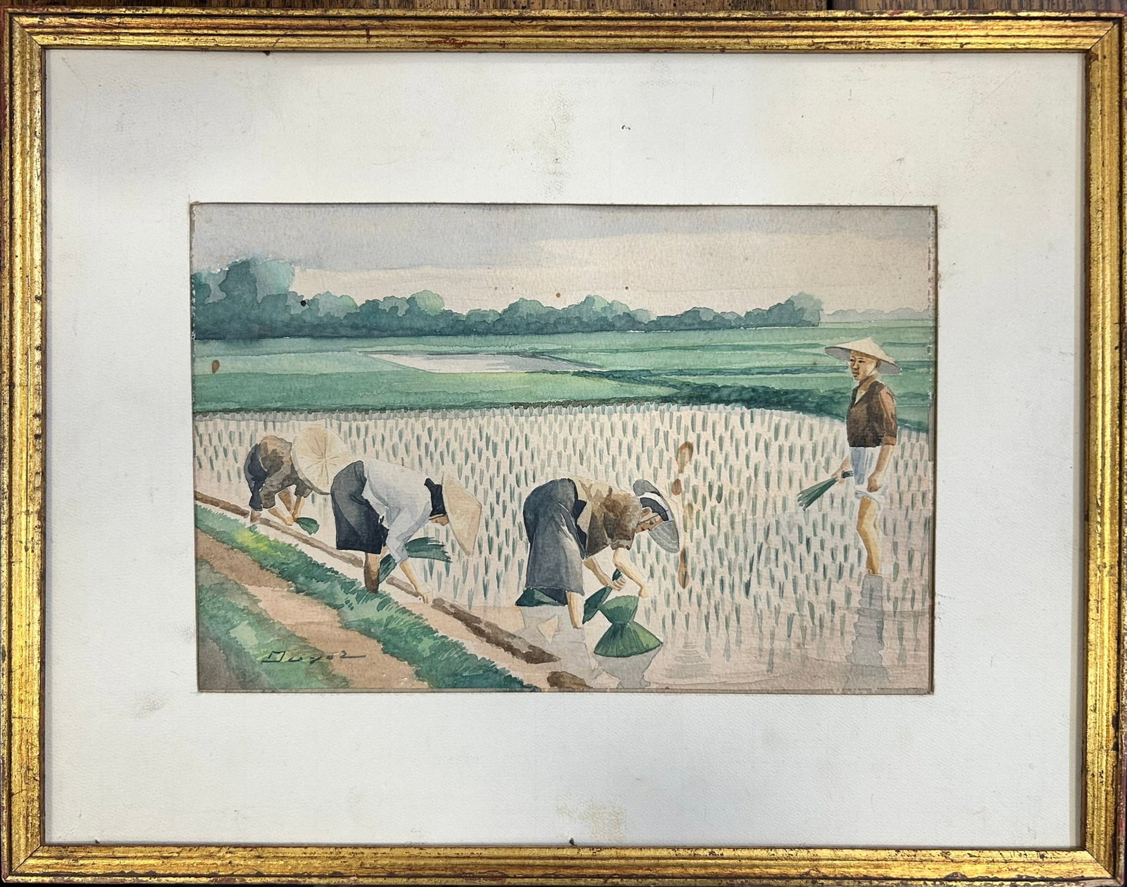 Lynda Trouve Drouot Provenance: A Vietnamese Painting 'Women in the rice fields', Nguyen HUU DUYET: Framed watercolor, signed lower left. Nguyen HUU DUYET (XXth). Active in Hanoi from 1920 to 1940. Specialist of the portrait. 15.3/4 in. x 12.1/4 in. overall including the frame. Provenance: Lynda Tro