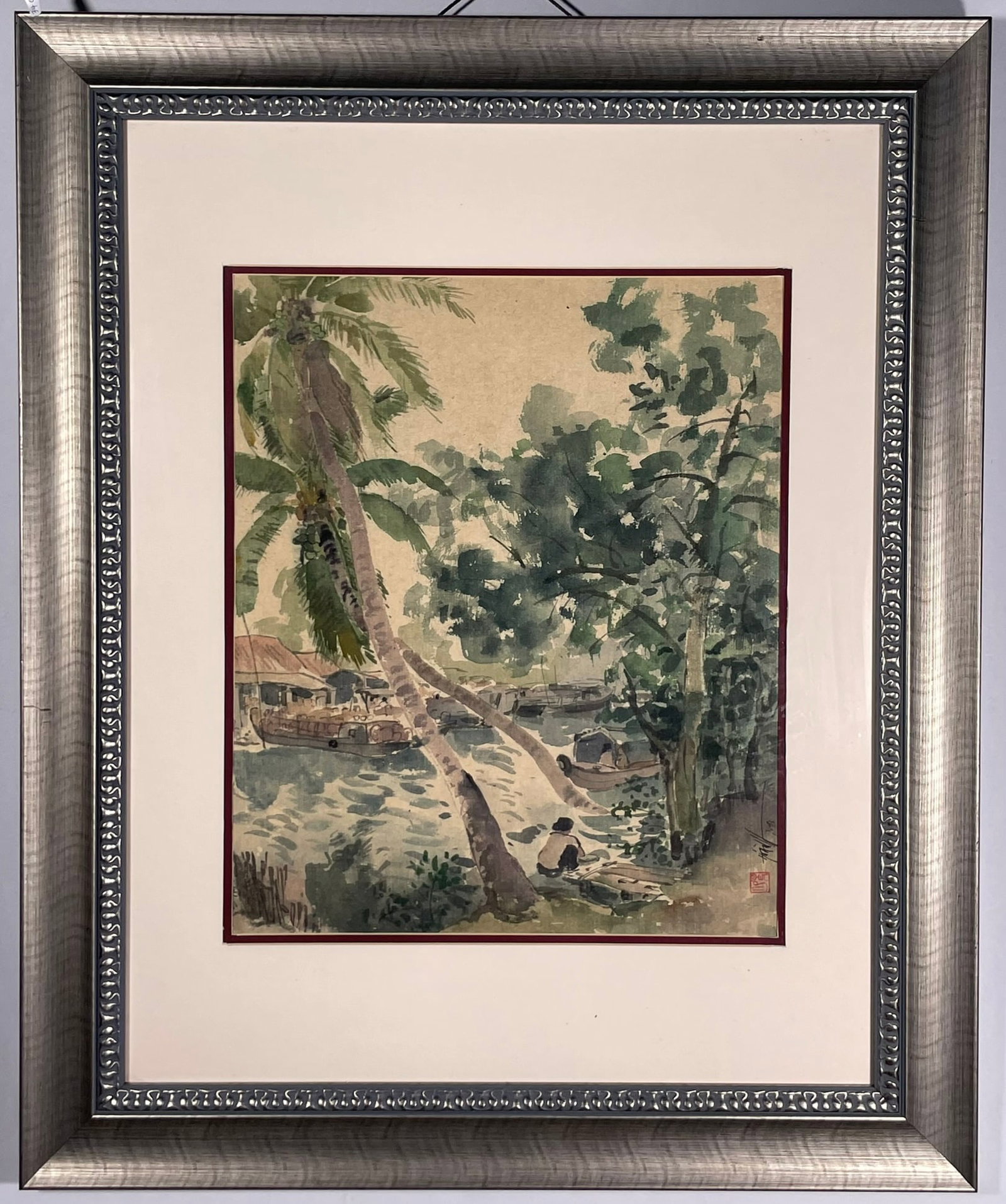 A Vietnamese Painting of Mekong Delta Life, Nguyen Hoang Hoanh, 1993: 33.1/2 in. x 27.1/2 in. overall including the frame. A Private Collection of a Retiring University Professor.