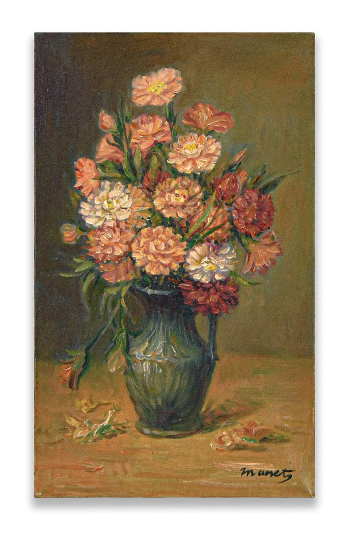 A Painting of Still Life, Style of Edouard Manet: OIL ON CANVAS Dimensions: Image size: 42.8 x 25.8 cm. All measured values are approximate. Outer frame size: 59.8 x 42.8 cm. All measured values are approximate. A floral still life in oil on canvas, 