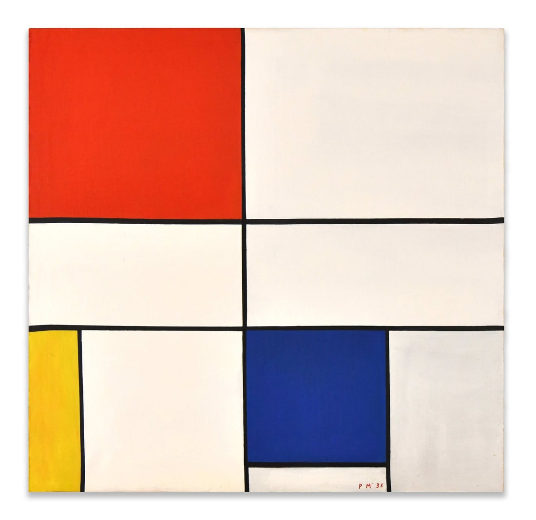 A Painting 'Composition C (n?III)', Style of Piet Mondrian: OIL ON CANVAS Dimensions: Image size: 94.2 x 94.2 cm. All measured values are approximate. A striking geometric composition on canvas featuring Mondrian's hallmark rectilinear grid structure in black 