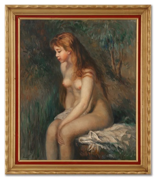 A Painting 'Young Girl Bathing', Style of Pierre-Auguste Renoir: OIL ON CANVAS Dimensions: Image size: 72.3 x 60.5 cm. All measured values are approximate. Outer frame size: 86.5 x 74.5 cm. All measured values are approximate. A seated nude figure is rendered with 