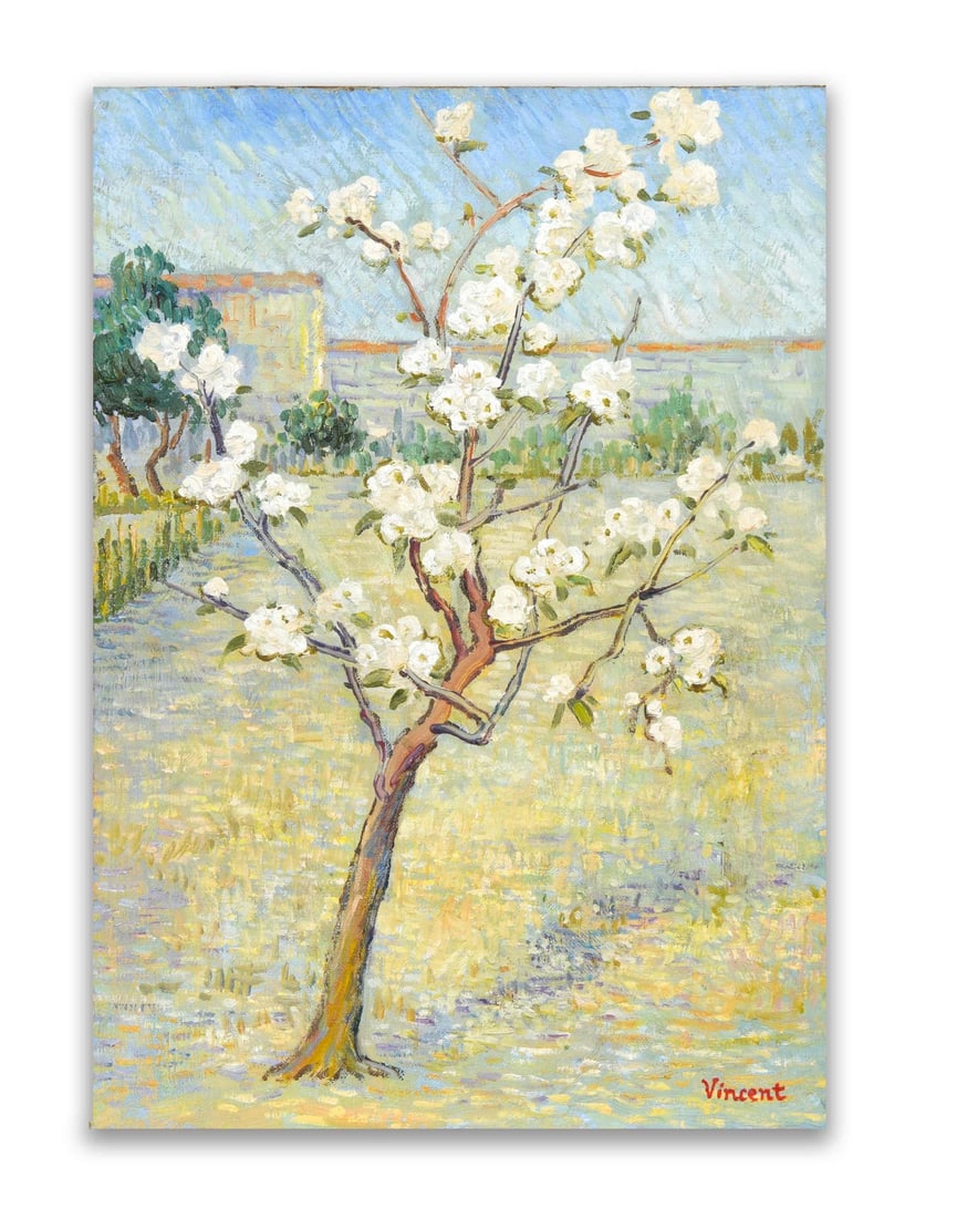 A Painting 'Small Pear Tree in Blossom', Style of Vincent van Gogh: OIL ON CANVAS Dimensions: Image size: 47 x 32 cm. All measured values are approximate. A luminous spring landscape depicting a young blossoming tree set against an open rural background under a pale b