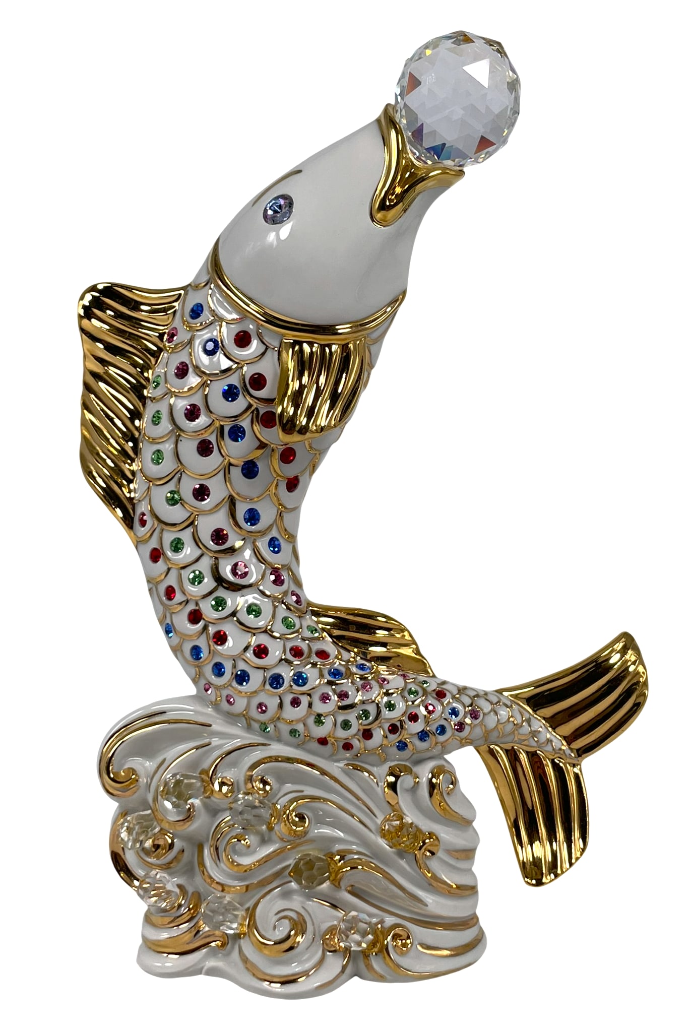 A Vintage Italian Collezione R.G. Gilt-Decorated Capodimonte Porcelain Figure of a Koi Fish: Embellished with clear Swarovski crystals, with a Capodimonte mark and a Collezione R.G. stamp near the bottom. 11.1/2 in. high, 7.1/2 in. wide.