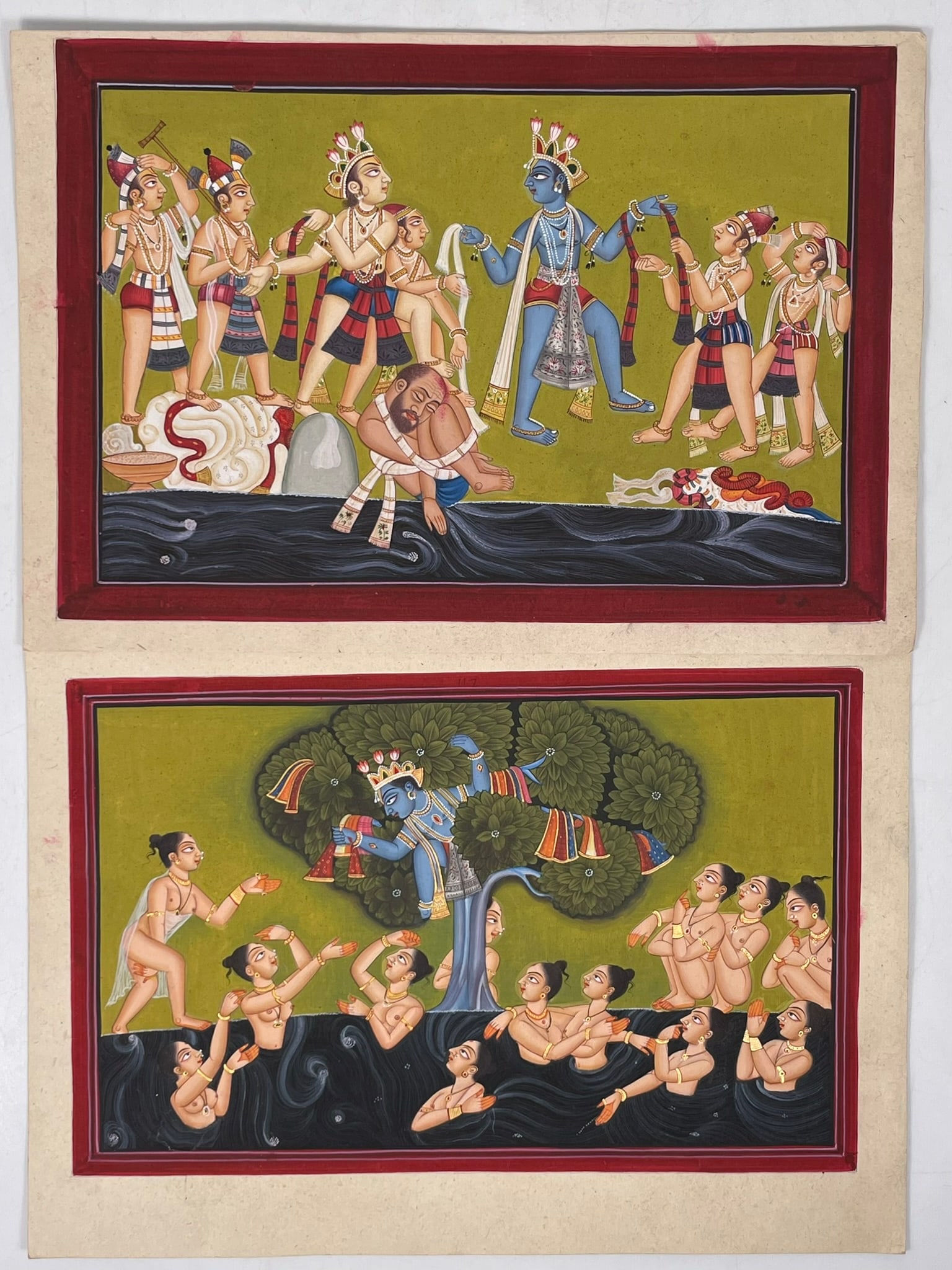 Two Indian Miniature Paintings: Comprising a painting of Krishna chastising the Rajakabadha, 12 in. x 8 in. overall; and a painting of 'Gopi Vastraharan', where lord Krishna steals the clothes of bathing Gopis, 12 in. x 9 in. overal