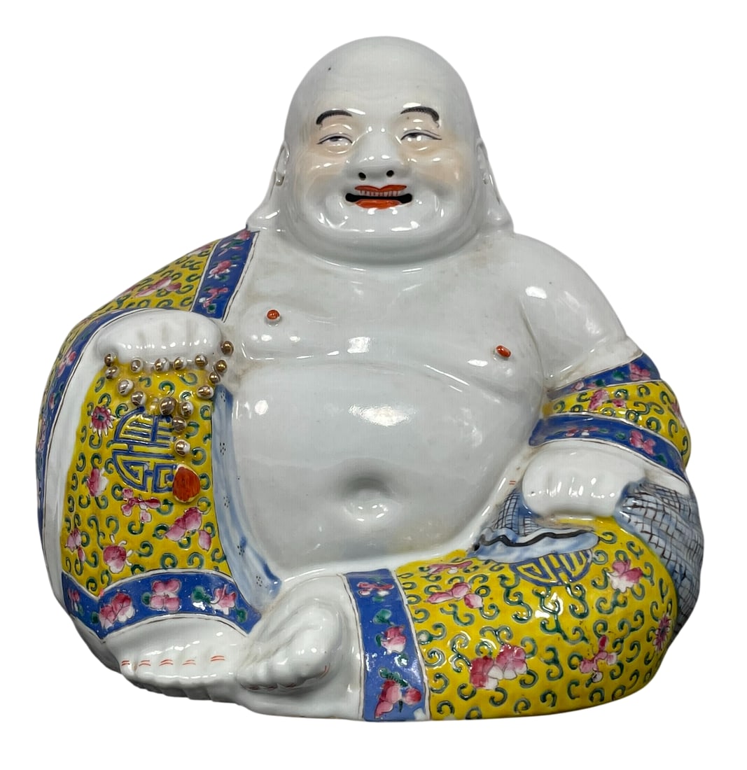 A Chinese Famille Rose Figure of Budai, Zhu Maoji Zao Mark, Republic Period: A Zhu Maoji Zao impressed mark to the base. 10 in. high, 10.1/2 in. wide.