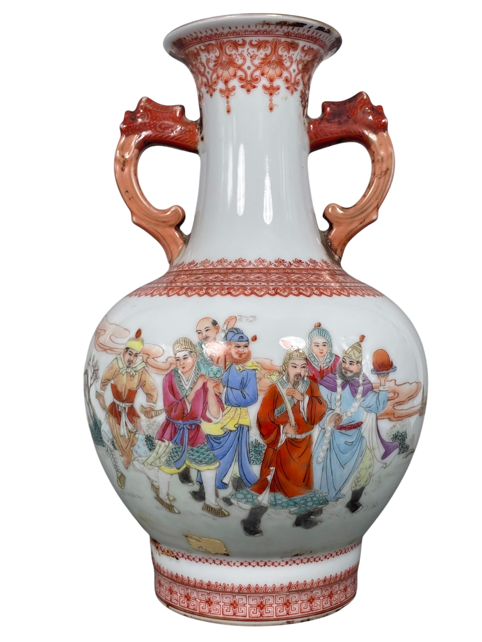 A Chinese Famille Rose Iron-Red-Decorated 'Figural' Vase: 11.3/8 in. high, 7 in. wide.