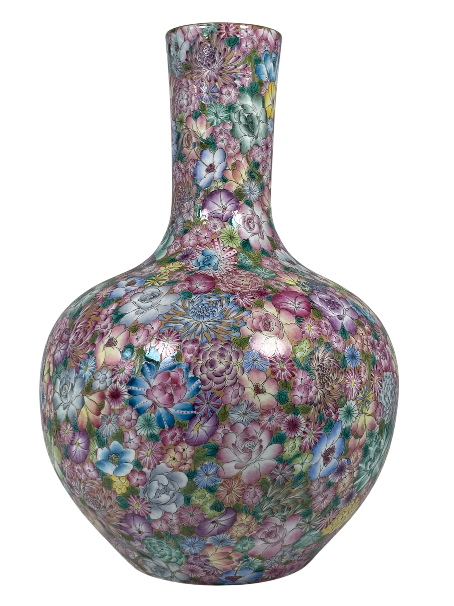 A Chinese Famille Rose Mille Fleurs Vase, Tianqiuping, Republic Period: An apocryphal Qianlong mark to the bottom. 16.3/4 in. high, 11 in. wide.