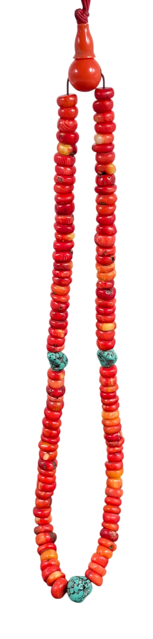 A Tibetan String of Flat Coral and Turquoise Beads, Necklace: 22 in. long overall.