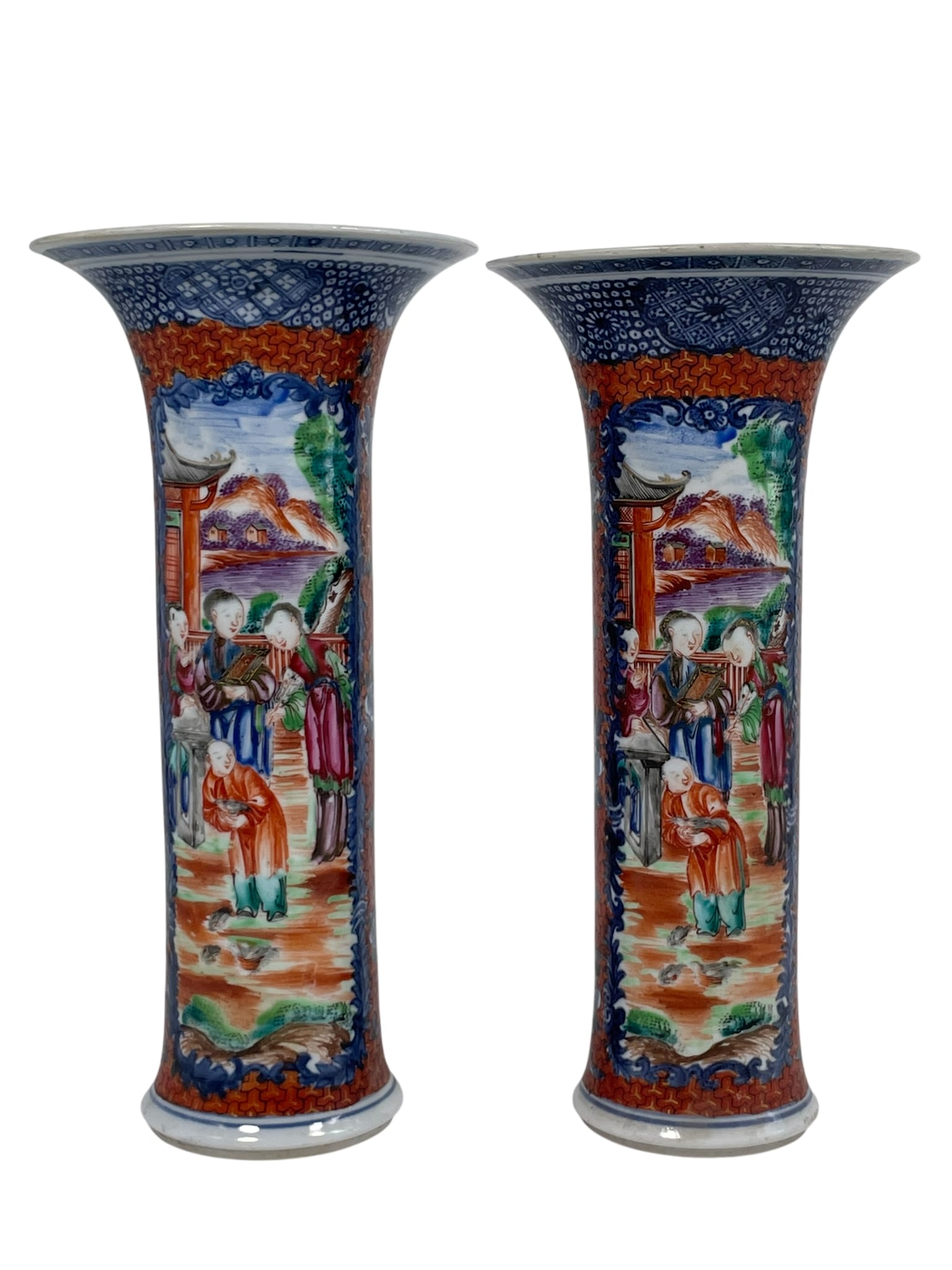 A Pair of Chinese Famille Rose Export 'Figural' Porcelain Gu-Form Vases, Qianlong Period, Qing: The slightly taller one measures 9.7/8 in. high, 4.3/4 in. wide.