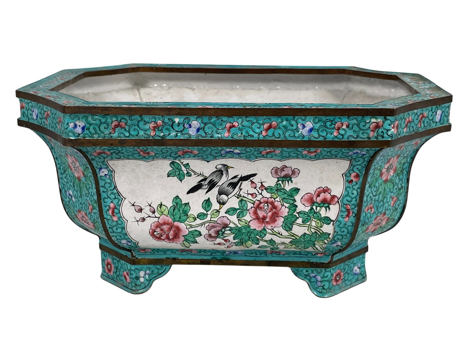 A Chinese Painted Enamel 'Birds and Flower' Lobed Rectangular Jardiniere: 4.3/4 in. high, 9.1/2 in. wide.