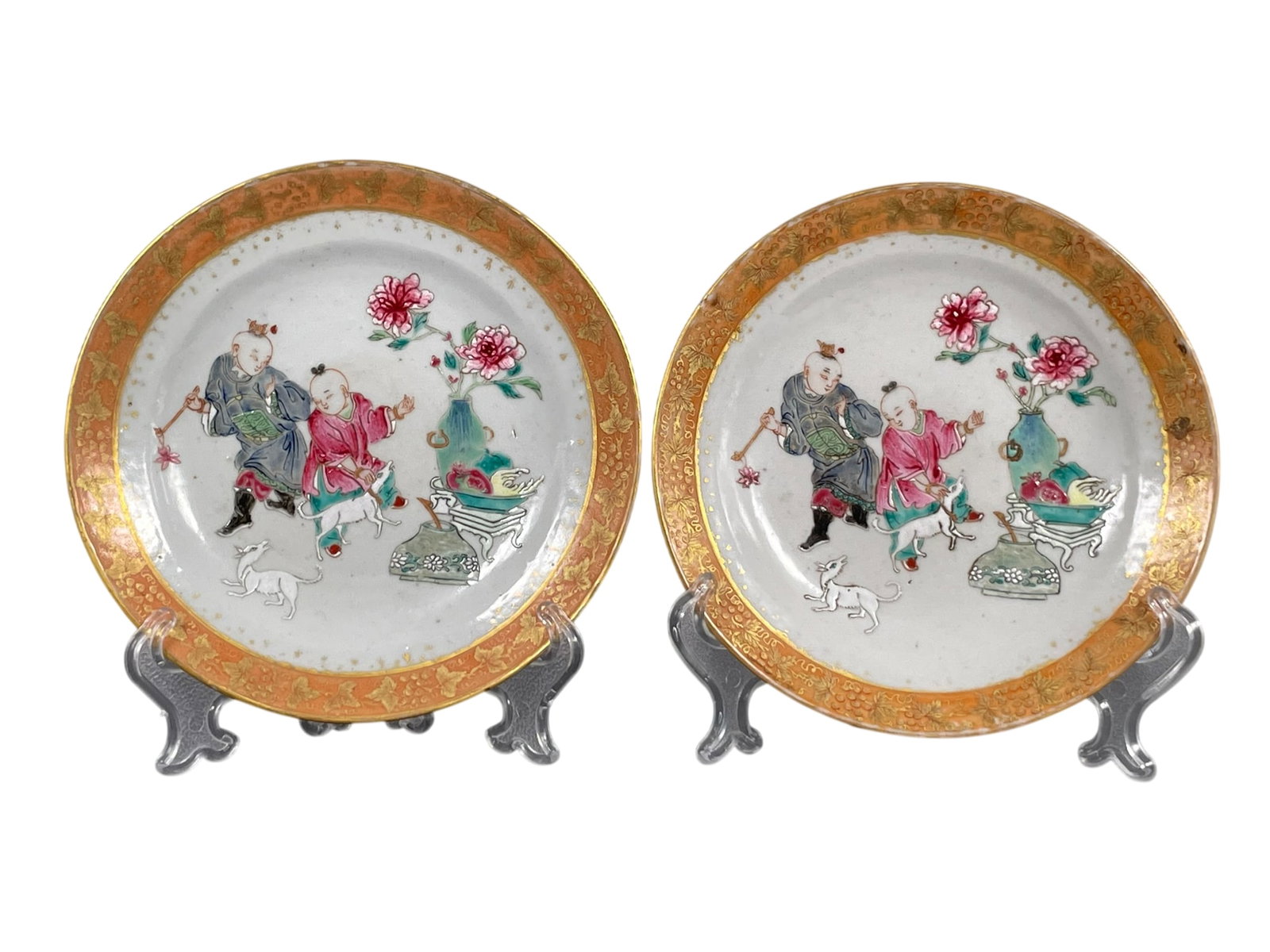 A Pair of Chinese Small Famille Rose 'Boys' Porcelain Dishes: 6 in. diam. each.