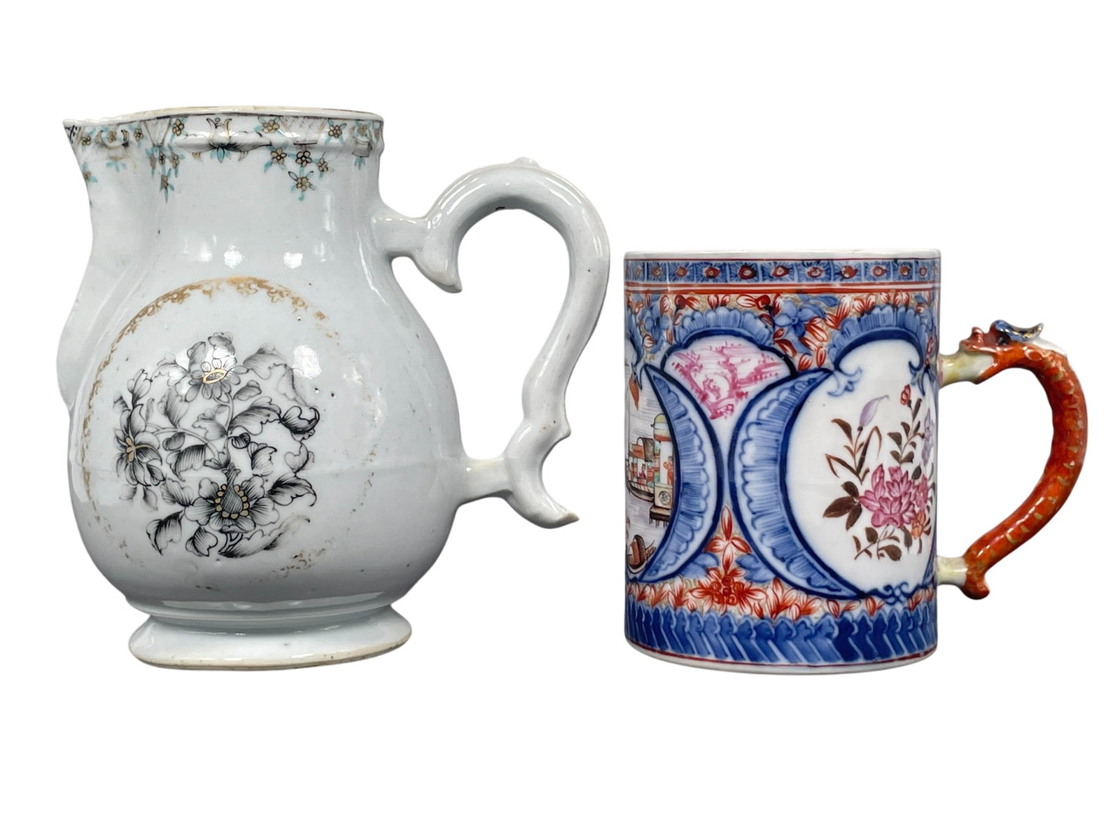 Two Chinese Export Porcelain Ware, 18th Century: The milk jug measures 6 in. high, 6 in. wide; the cup measures 4.1/2 in. high, 5 in. wide.
